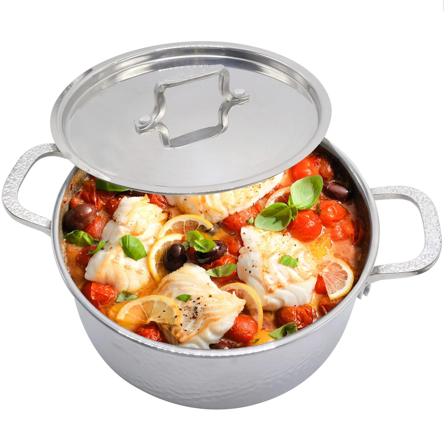 5 Quart Tri Ply Stainless Steel Stock Pot With Lid Hammered Induction Cookware
