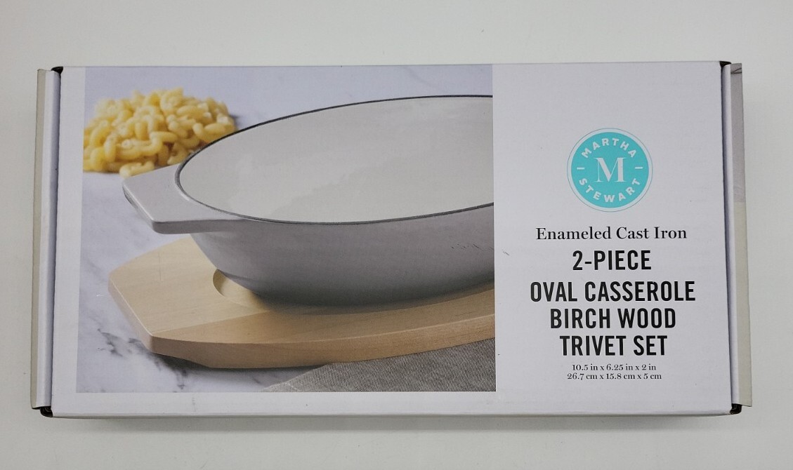 Martha Stewart Oval Casserole Birch Wood Trivet Set Enameled Cast Iron
