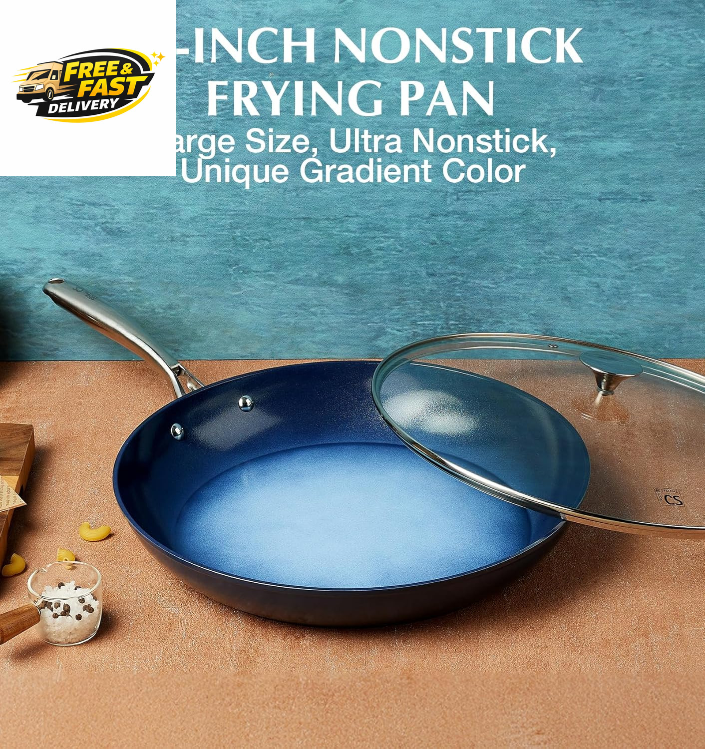 14 Inch Large Frying Pan with Lid, Nonstick Skillet with Ceramic Interior, Large