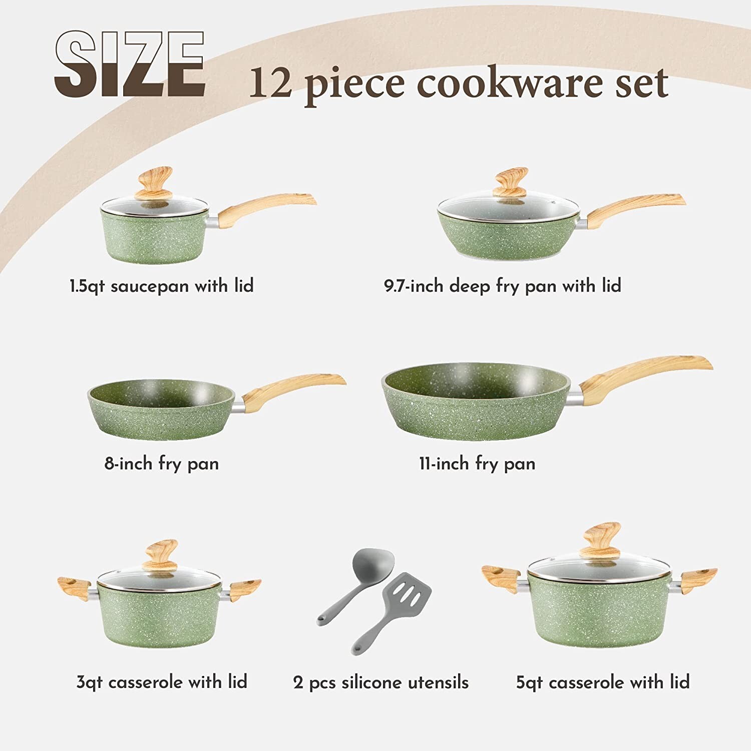 12 Pieces Kitchen Pots & Pans Set Nonstick Cookware Set Granite Coated Green
