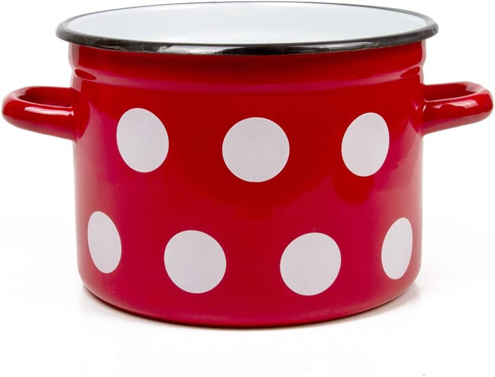 Stockpot Enameled Steel Pot Red White Polka-dot Enamelware Pot with Lid Kitchen