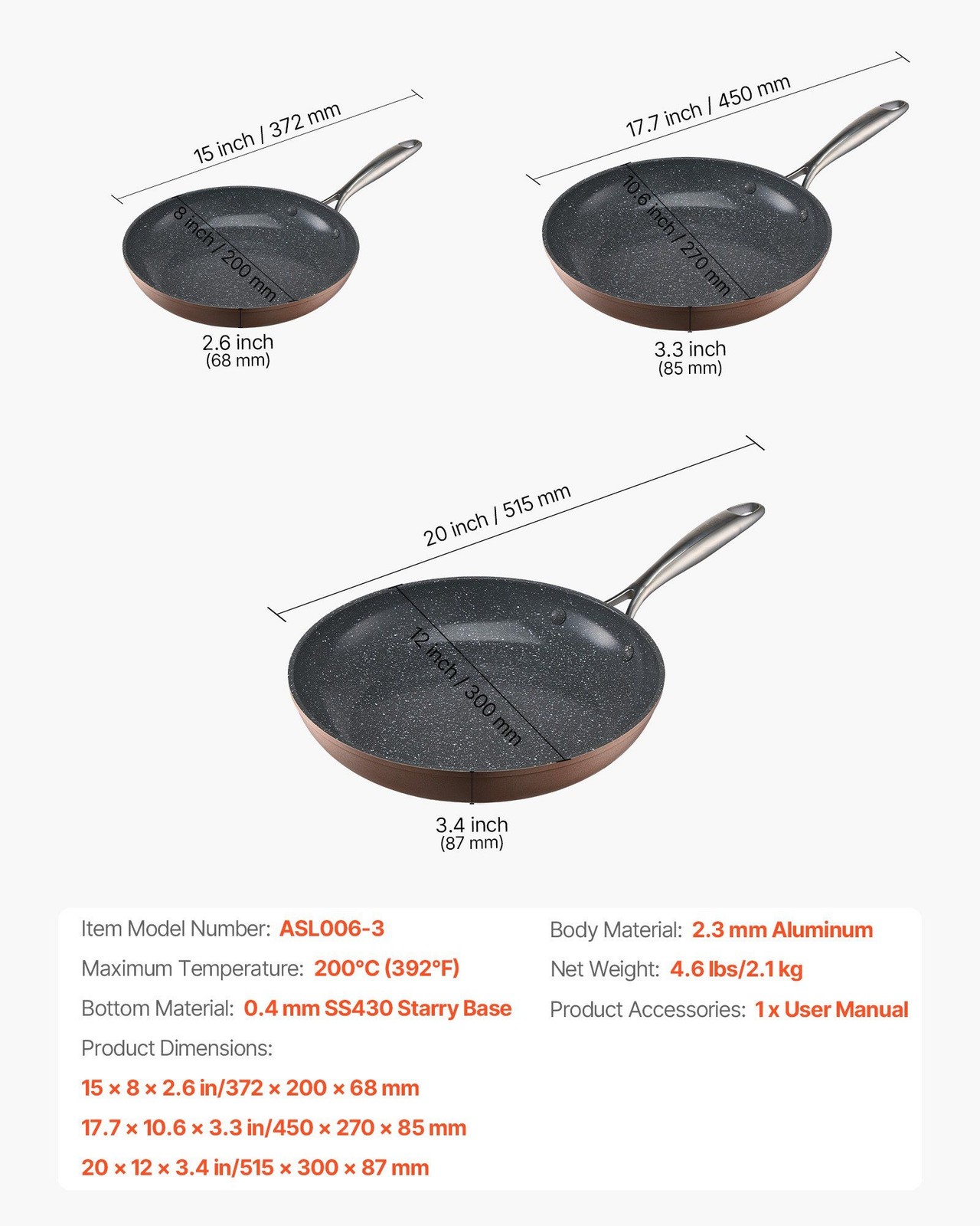 3 Piece Frying Pans 8 10 12in Scratch Resistant Coating Quick Heat Transfer