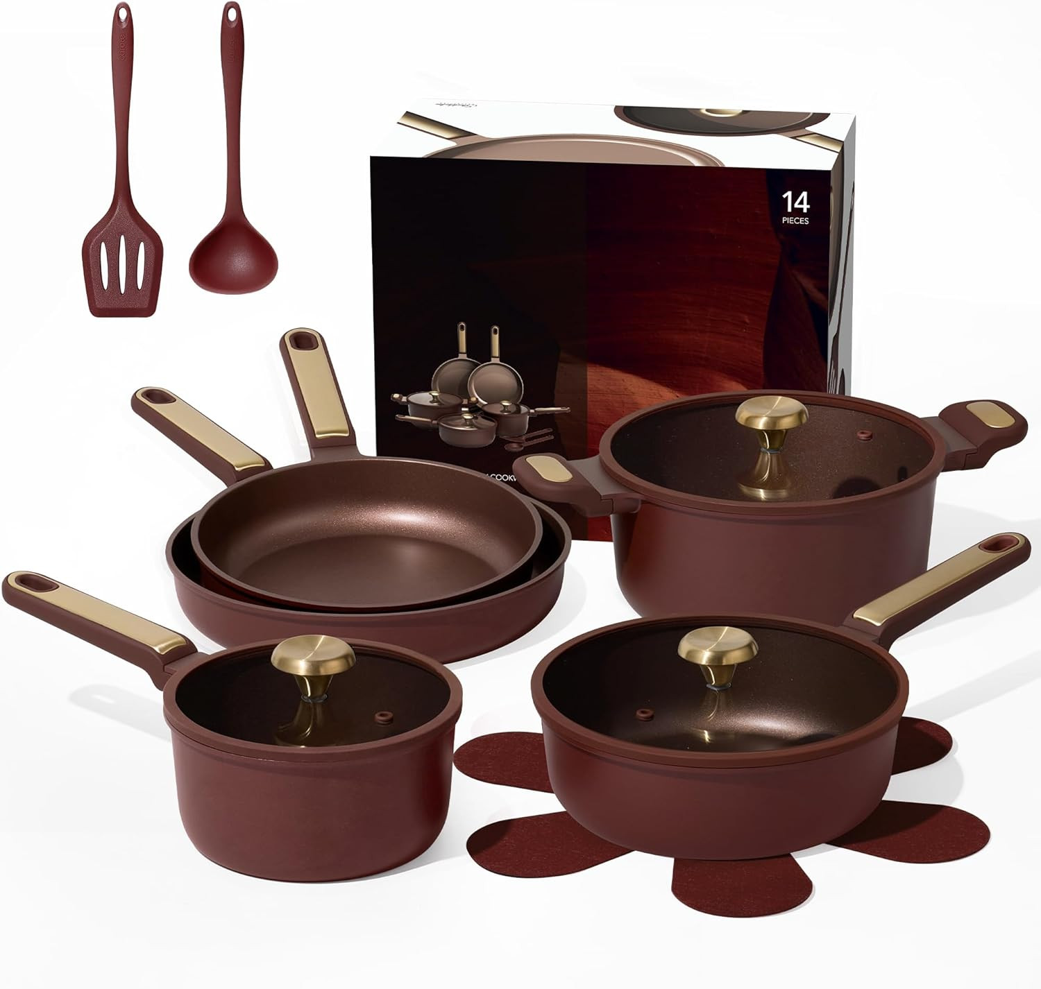 14-Piece Nonstick Cookware Set – PFOA-Free, Wine Red, Dishwasher Safe