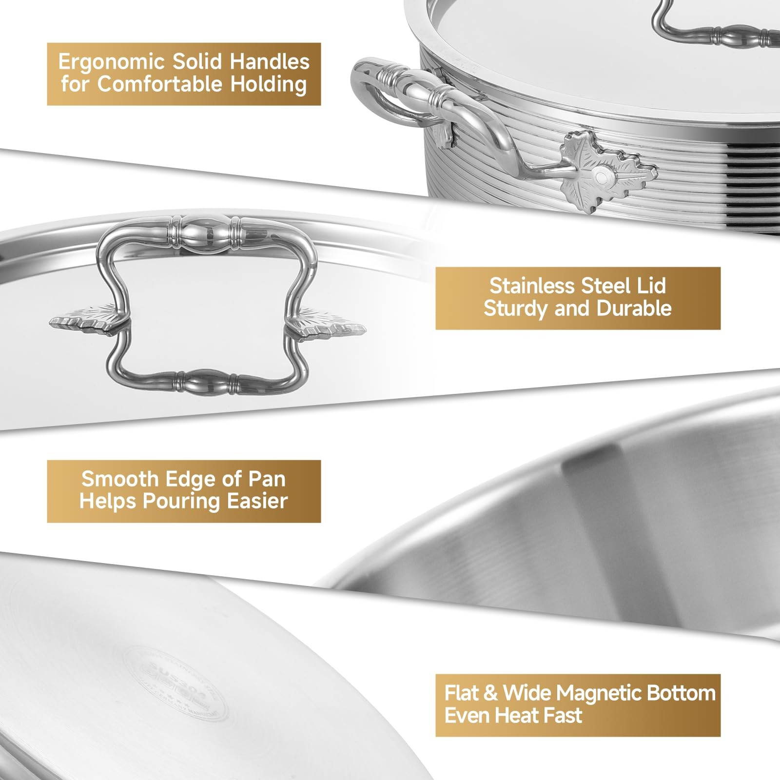 Tri-Ply Stainless Steel 7 Quart Rondeau Pot with Lid Braiser Pan, 12 inch Dee…
