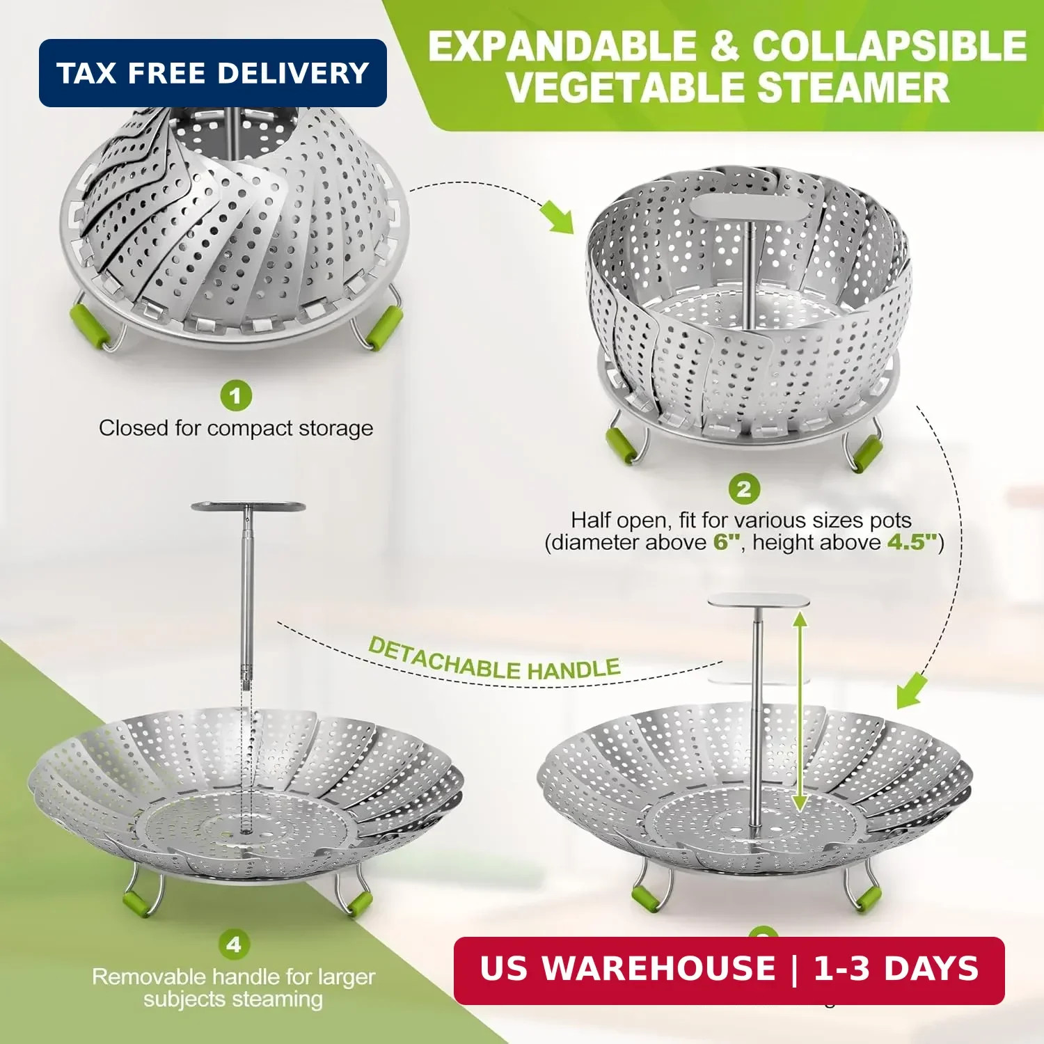 Pavsrmy Steamer Basket, 3rd Generation Stainless Steel Vegetable Steamer with Ex