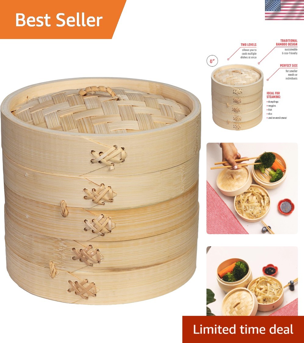 6-Inch Bamboo Steamer Baskets – 2-Tier Design for Authentic Asian Cooking