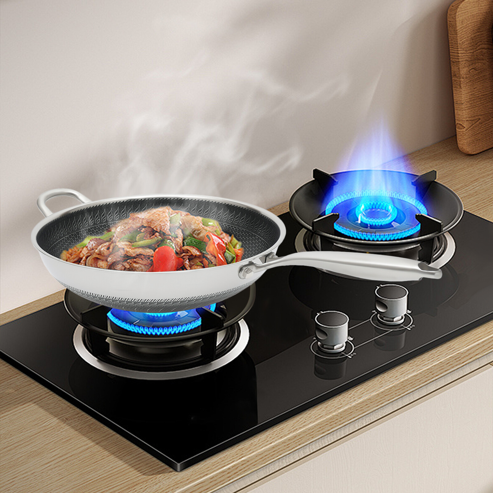 Non Stick Double Sided Honeycomb Cooking Frying Wok Pan with Lid Stainless Steel