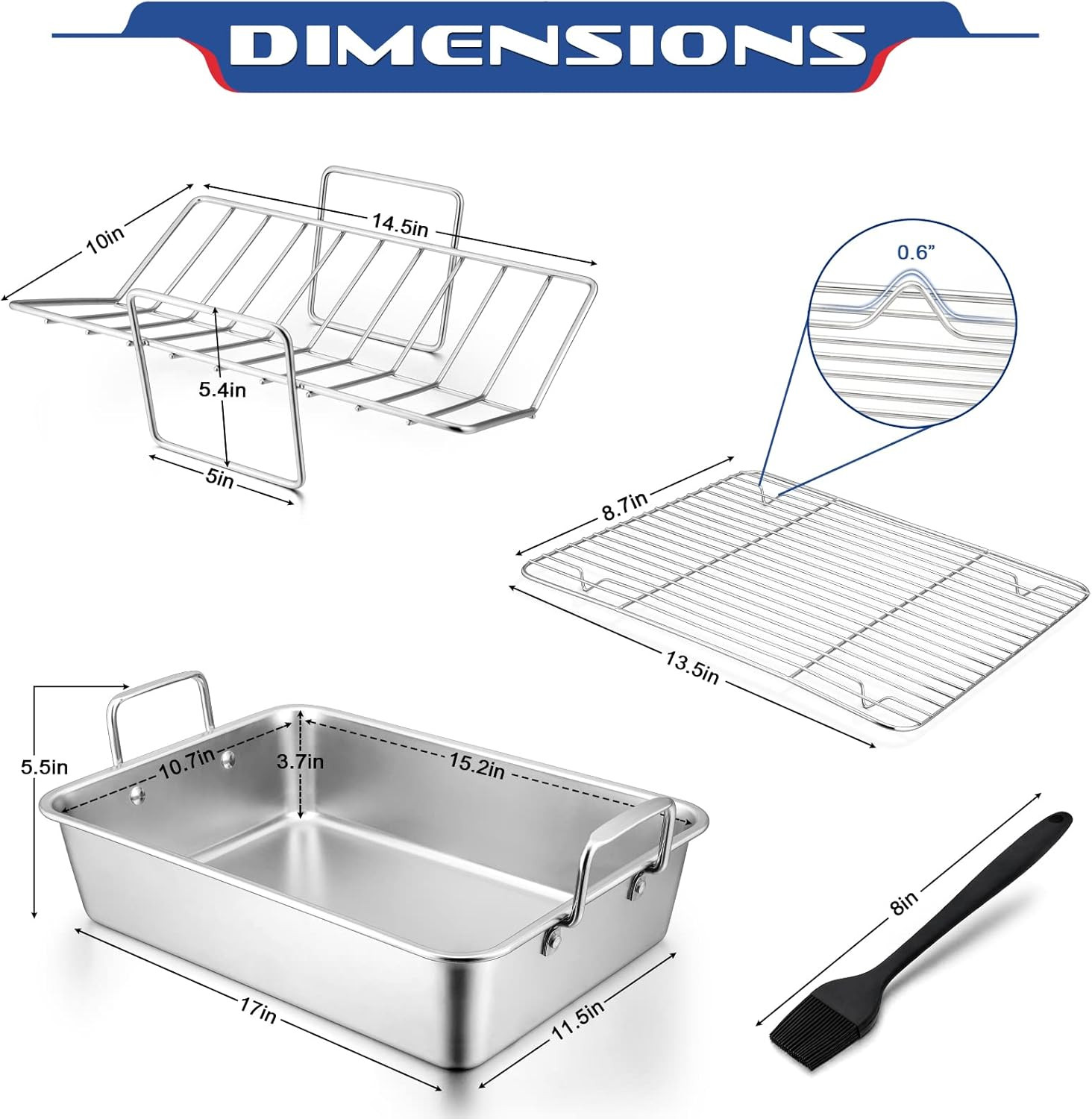 Roasting Pan with Rack Set, Large 15.2In Stainless Steel Lasagna Roaster Pan, Ba
