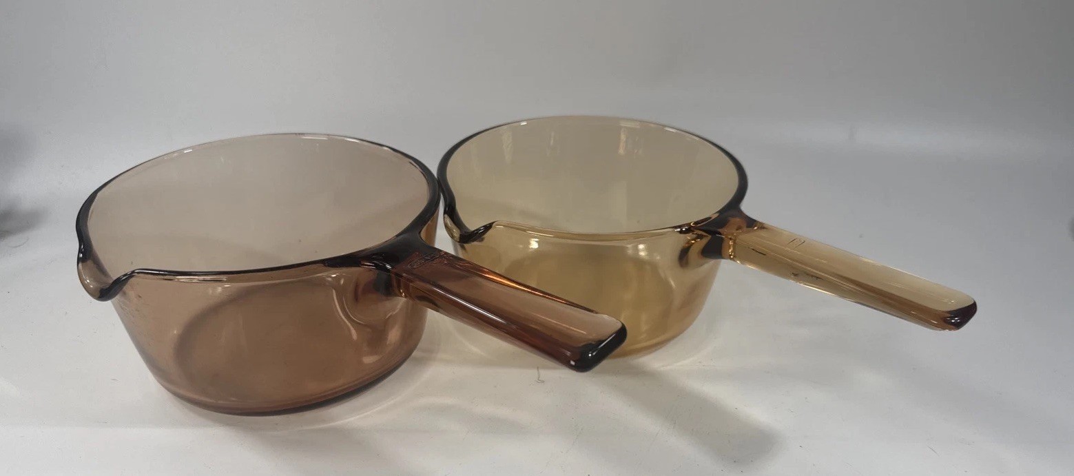 Vision Corning Ware 1L Amber Glass Sauce Pan Pot Pour Spout NO LIDs lot of 2