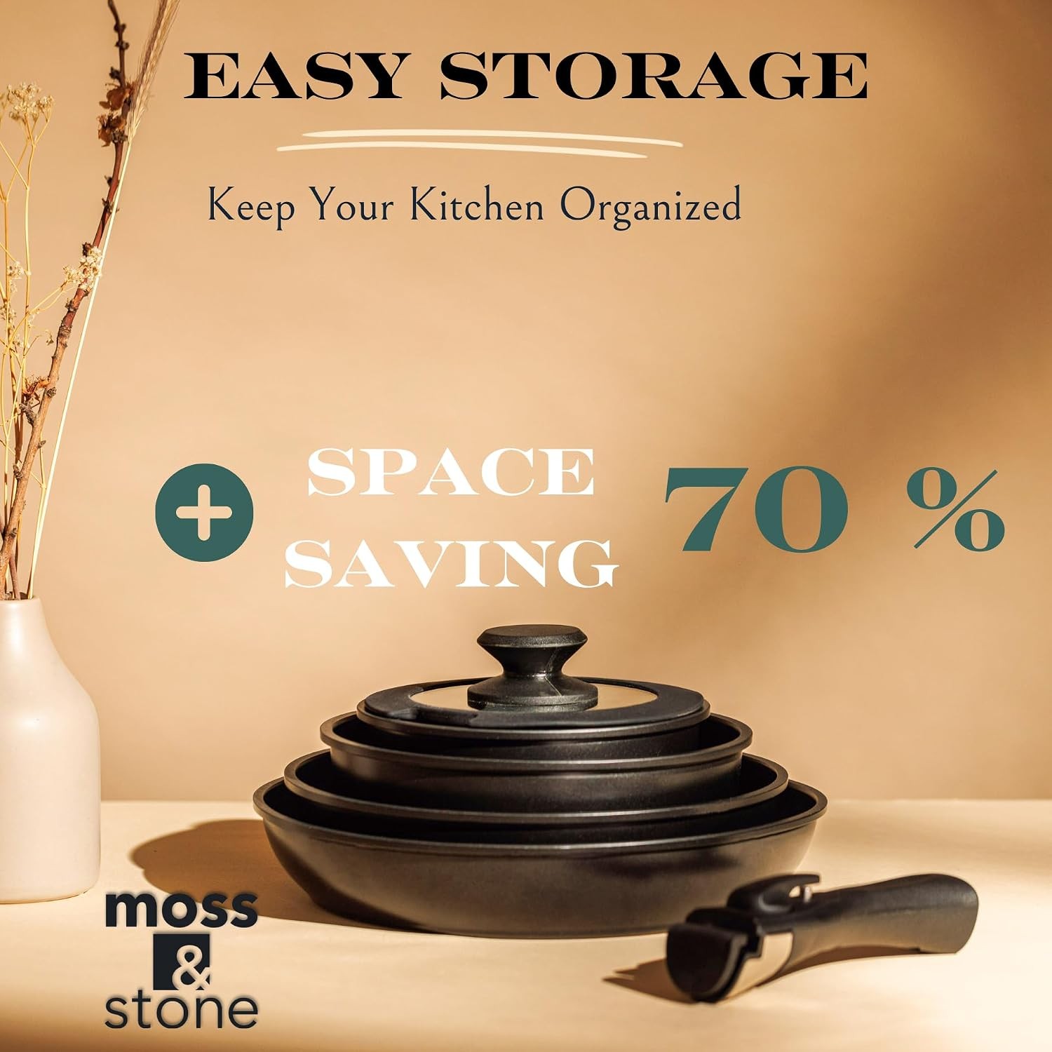 Moss & Stone 10pc Nonstick Cookware Set, Removable Handles, RV/Camping