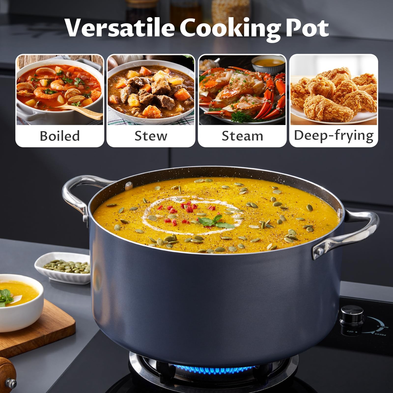 6 Quart Grey Non Stick Stock Pot, Lid, Aluminum Soup, Stew Pot, Induction