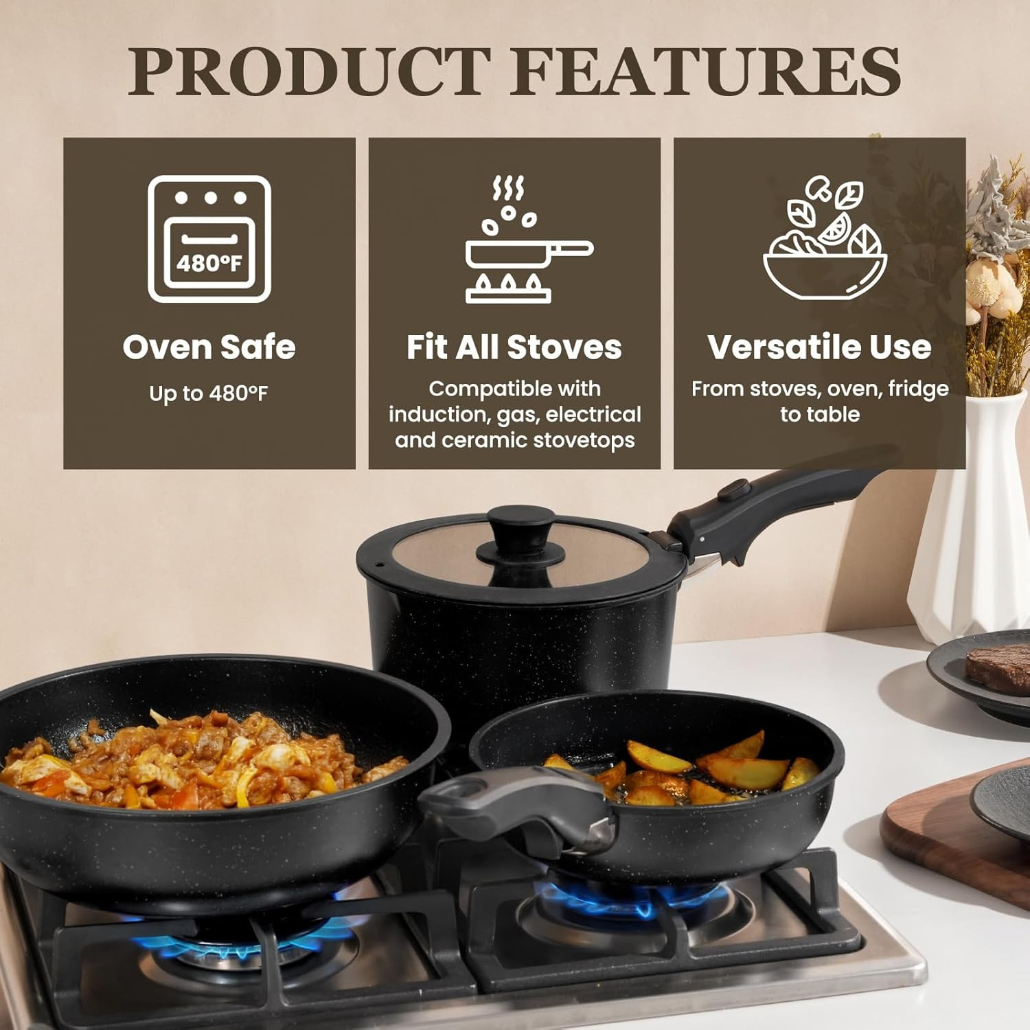 Nonstick Pots and Pans Set 24 Pack – Kitchen Cookware with Detachable Handle