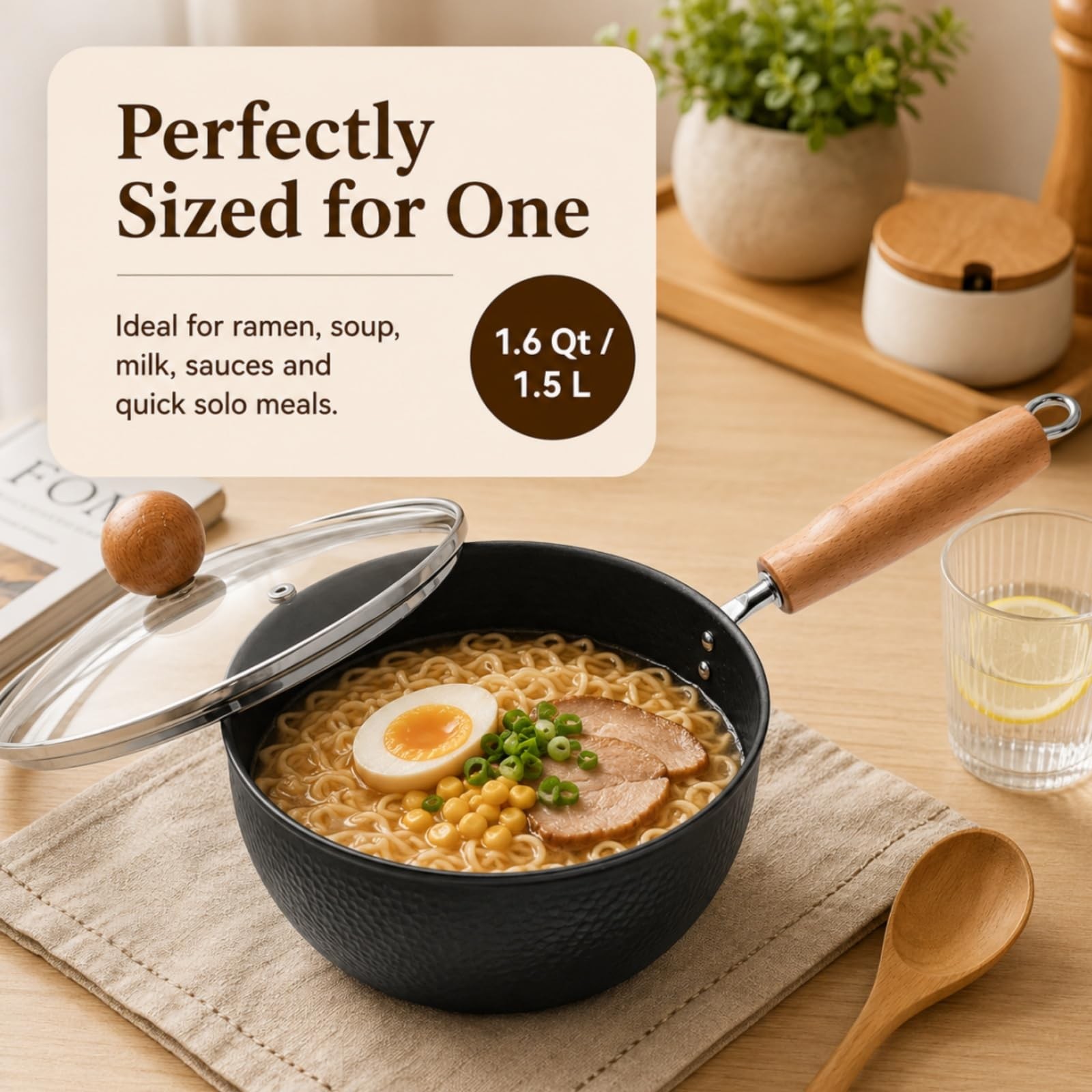 1.5QT Hammered Iron Saucepan With Lid Ramen Milk Pot Wood Handle Camping
