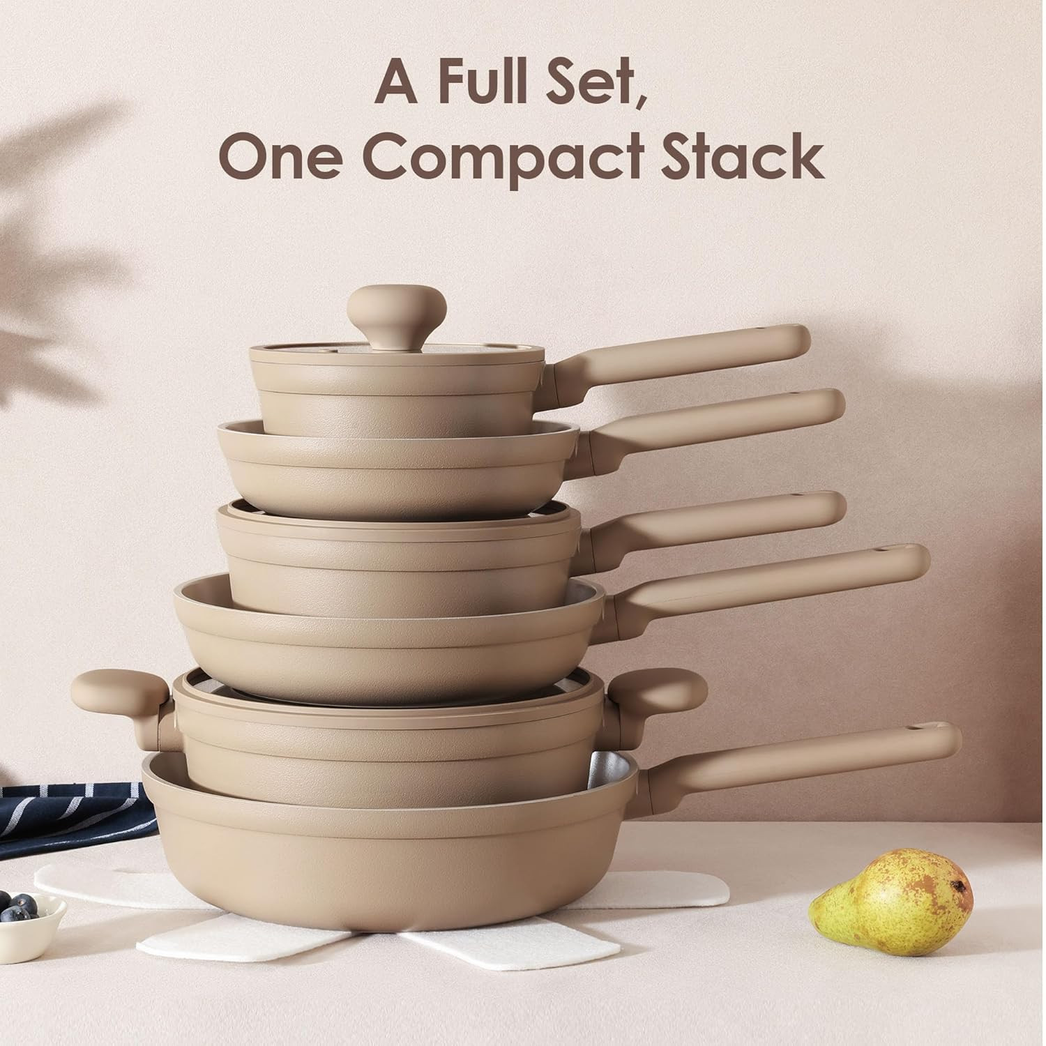 Ceramic Nonstick Pots and Pans Set 17Pcs Healthy Cookware Taupe