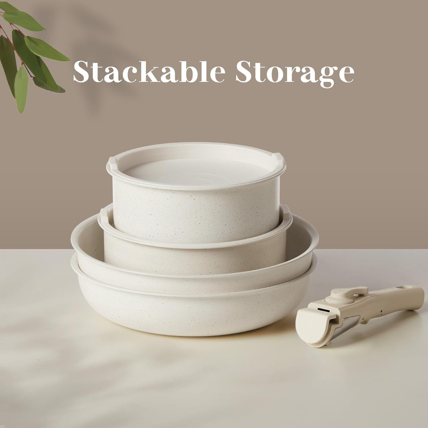 Set of 12 Beige Pot Pan Set Nonstick Kitchen Cookware Set with Detachable Handle