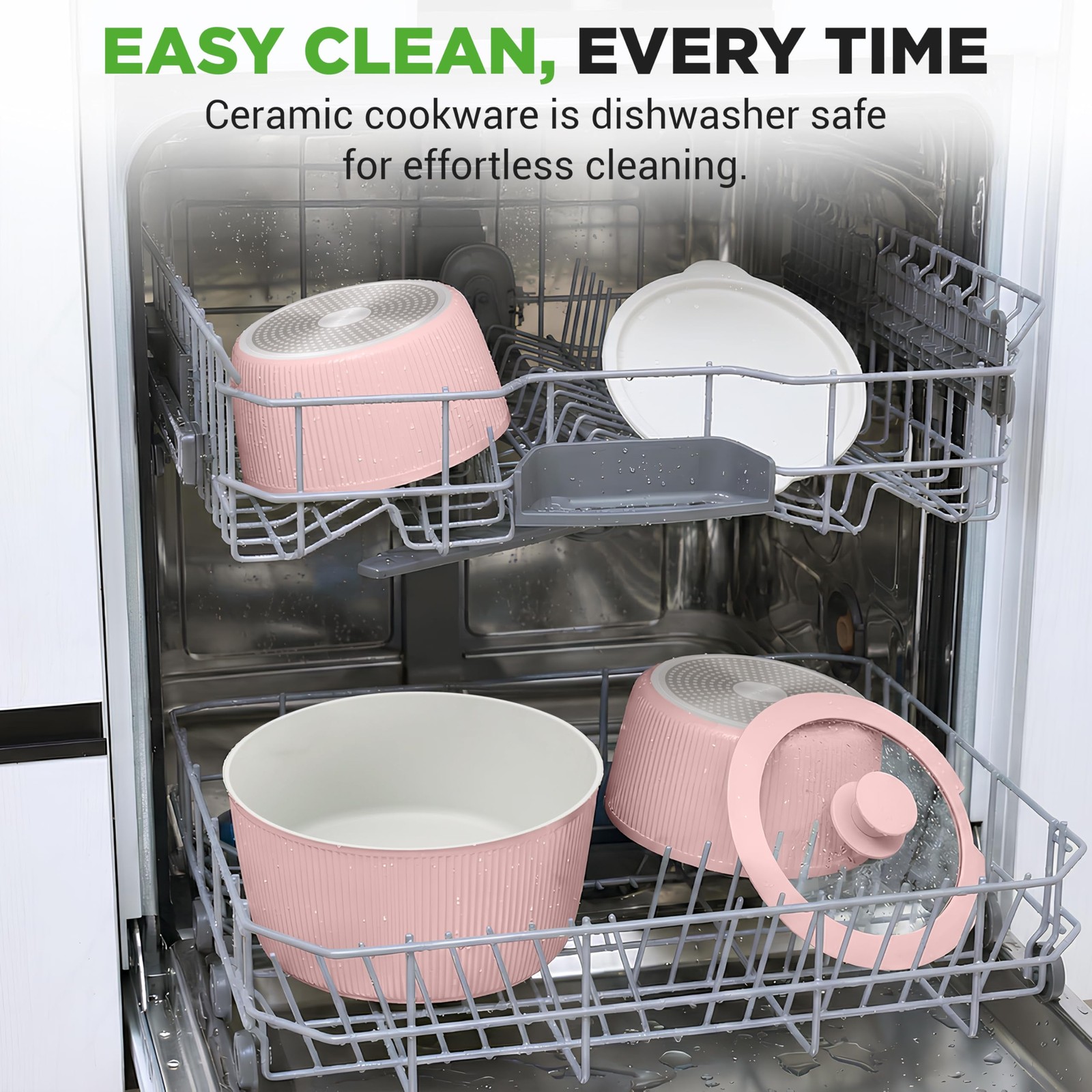 NutriChef 18-Piece Ceramic Cookware Set Detachable Handles Pink
