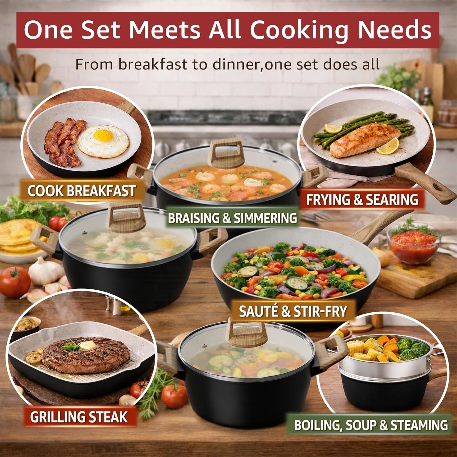 Bazova 24-Pcs Non-Toxic Cooking Set: Durable Ceramic & Titanium-Enhanced Design