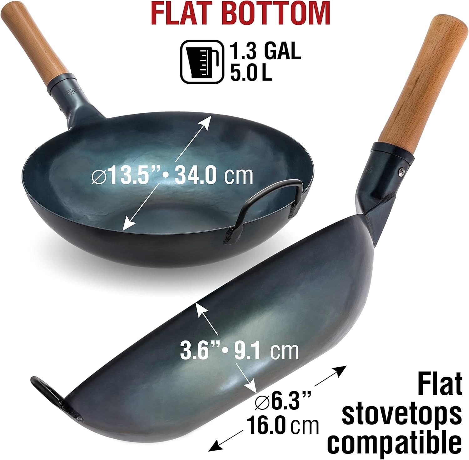 YOSUKATA 13.5” Blue Carbon Steel Wok Pan–Pre-Seasoned Flat Bottom Wok Compatible