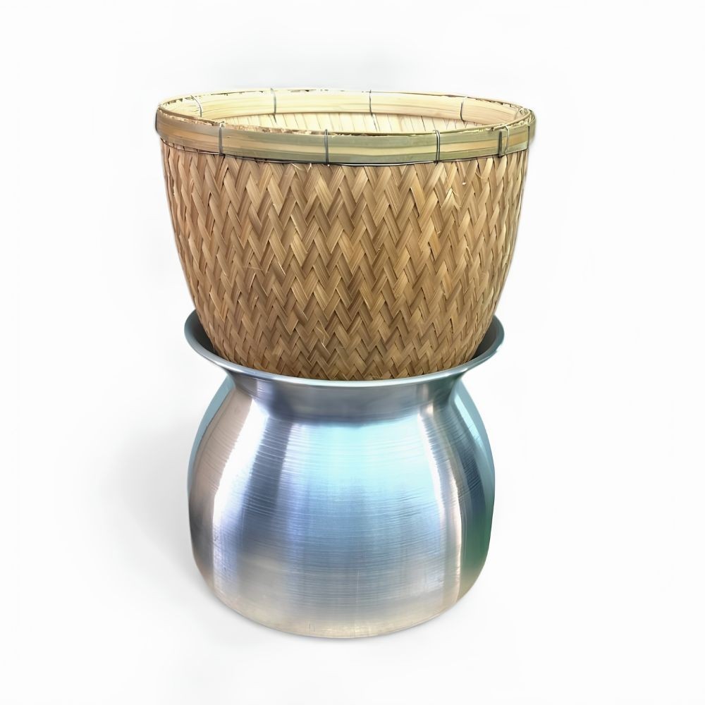 2-Piece Thai Sticky Rice Steamer Aluminum Pot with Bamboo Basket Huad Cooker Set