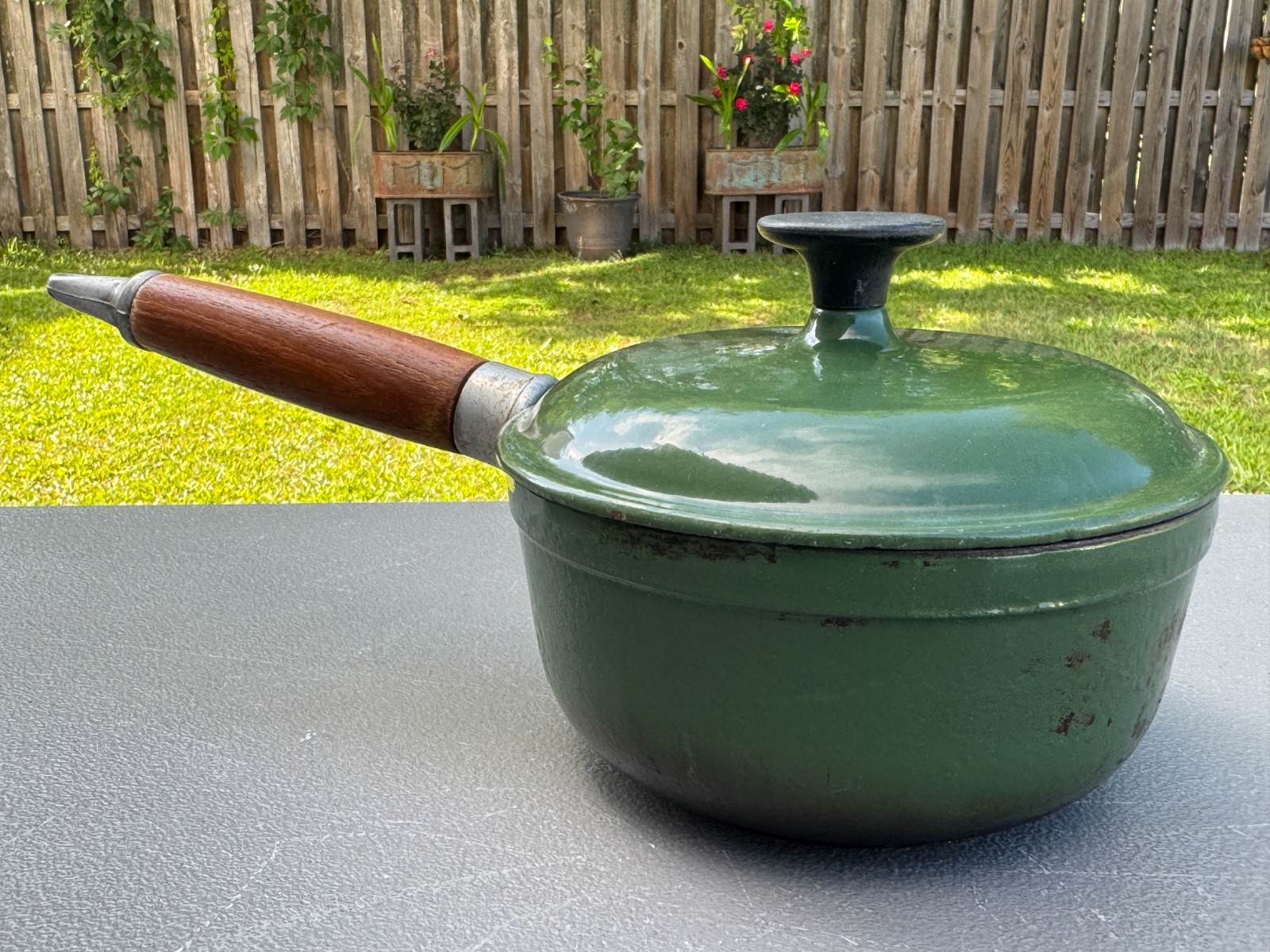 2 Vintage Lavec 1 Quart Saucepans Enameled Cast Iron: Red & Green w/Wood Handles