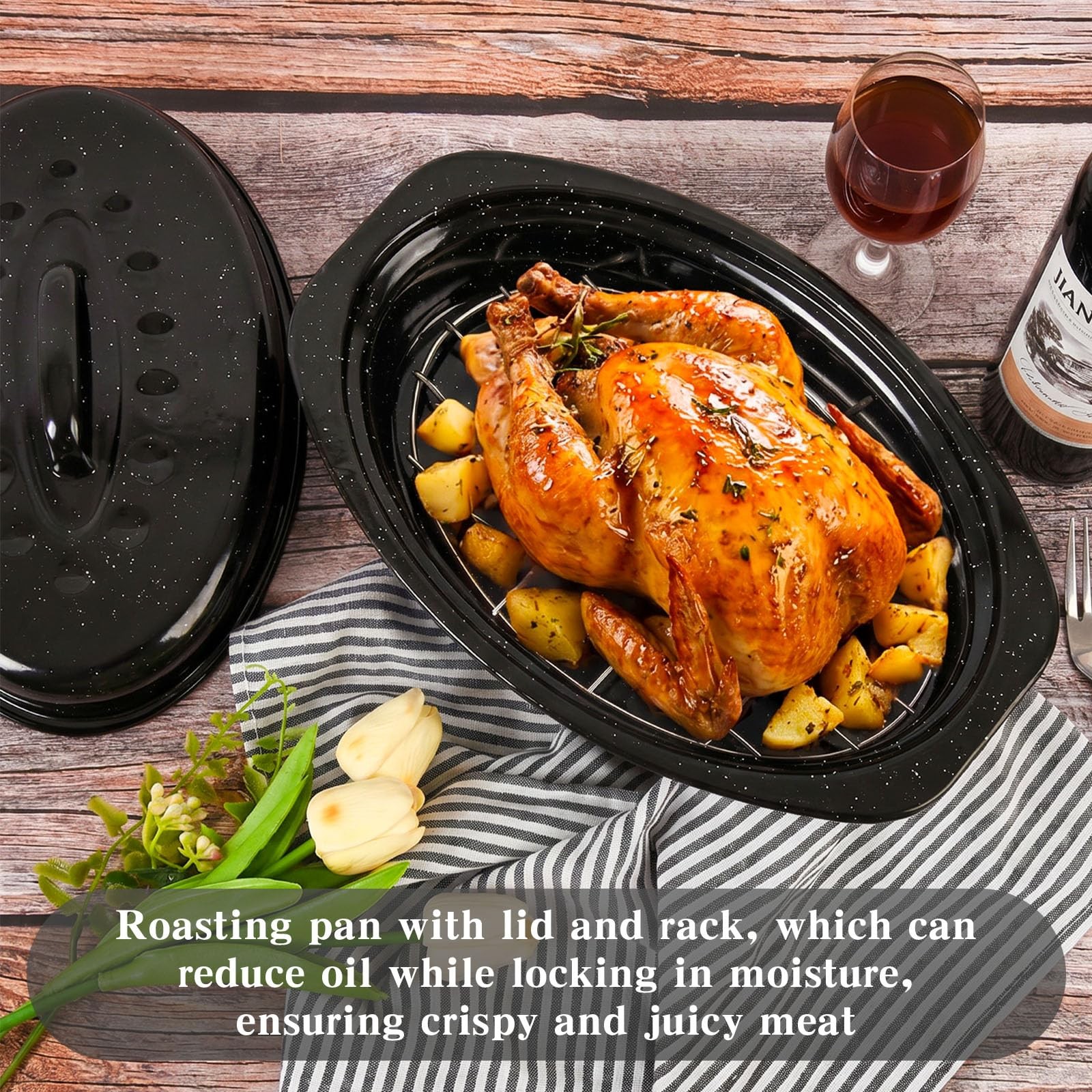 13 Inch Roasting Pan with Lid and Rack, Enamel Carbon Steel Roaster Pan, High…