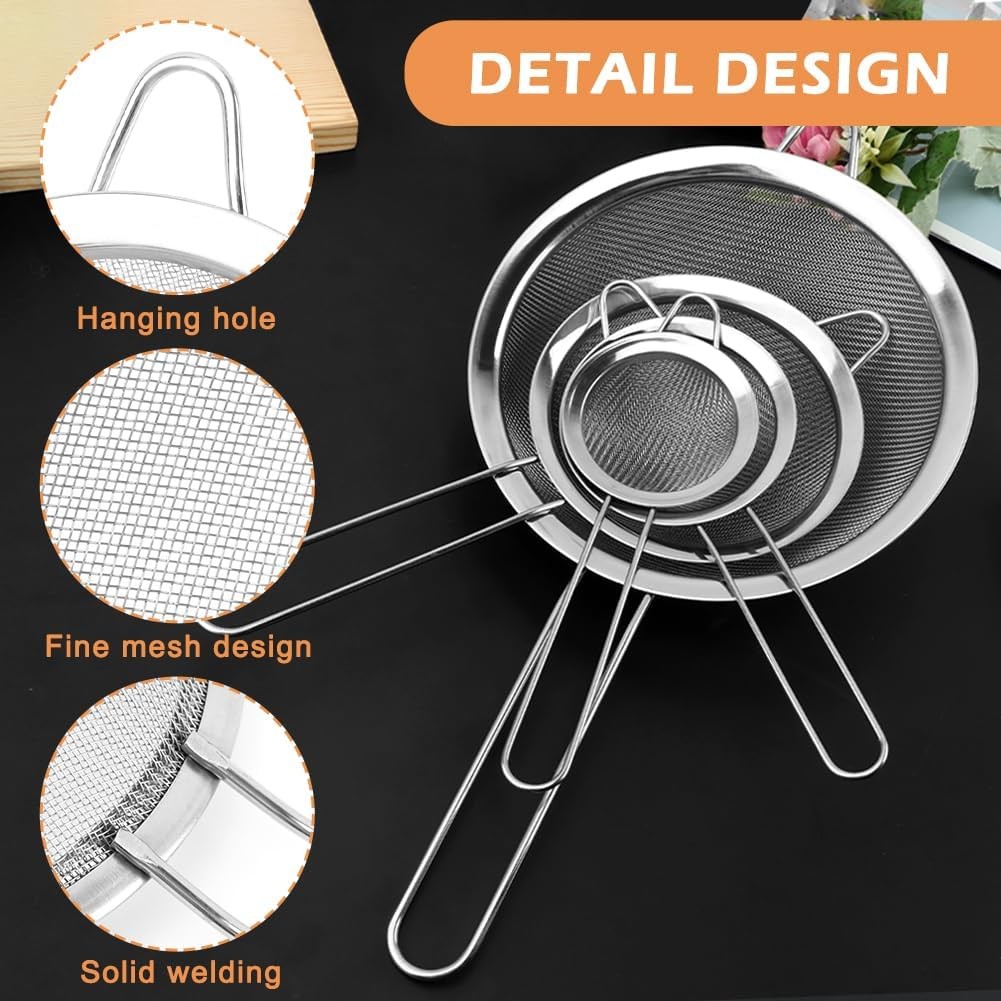 4PCS Stainl Steel Strainer Set – Fine Mesh Multi-Size w/Handles for