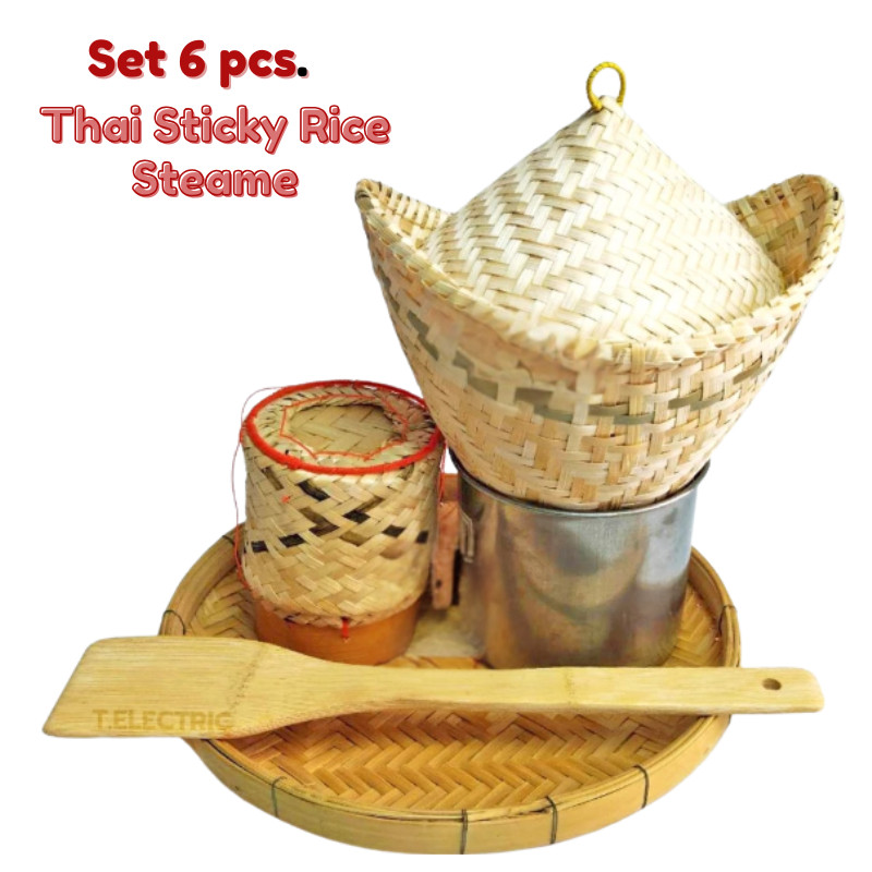 Thai Sticky Rice Steamer Cooking Set 6pcs Bamboo Basket Lid Pot Paddle Serv Tray