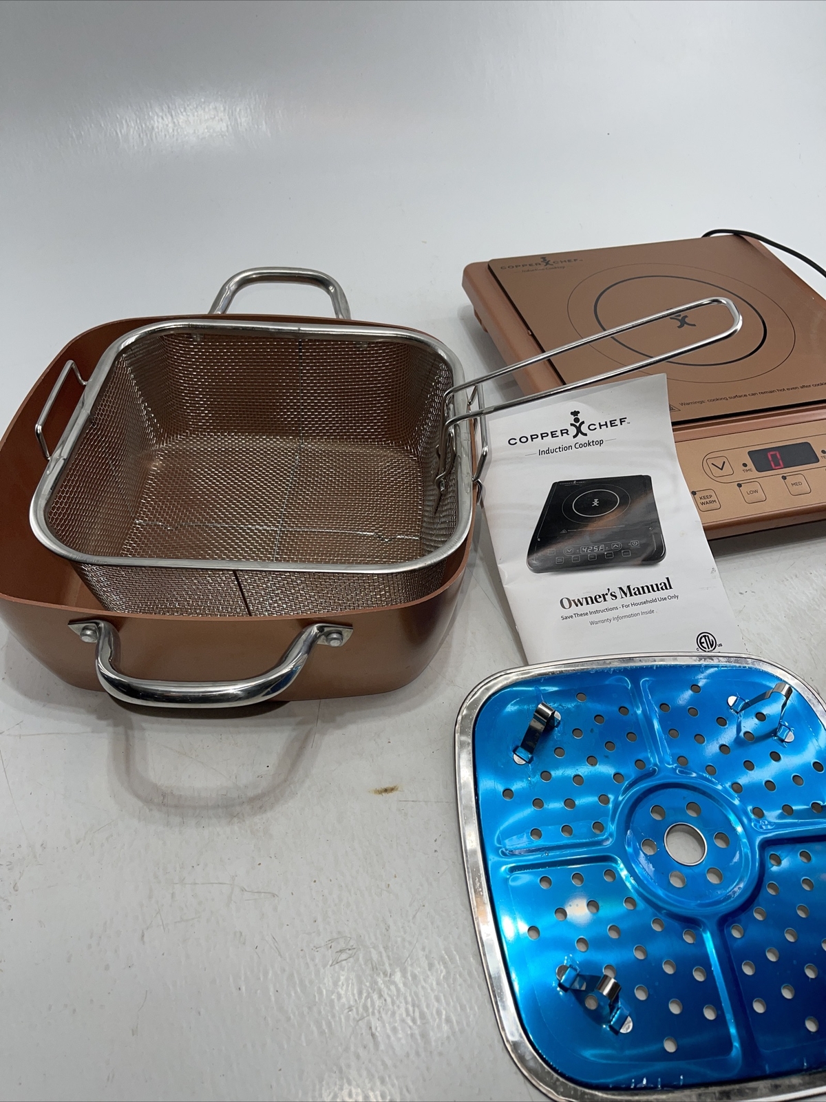 6 PC. COPPER CHEF INDUCTION COOKTOP POTS PANS BASKET LID