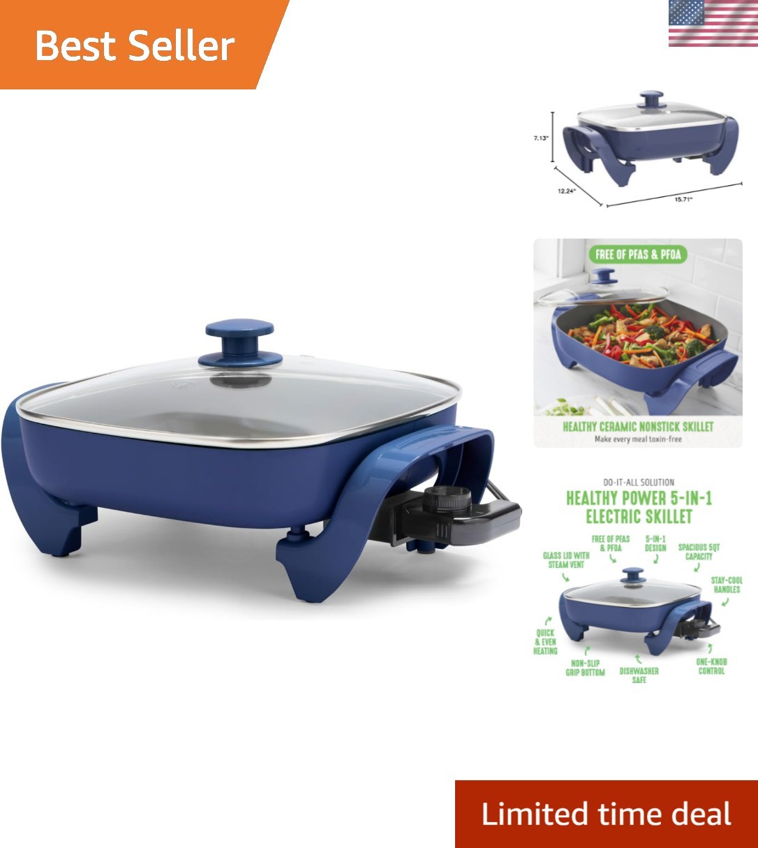 12″ 5QT Square Electric Skillet, Glass Vented Lid, Ceramic PFAS-Free Nonstick…