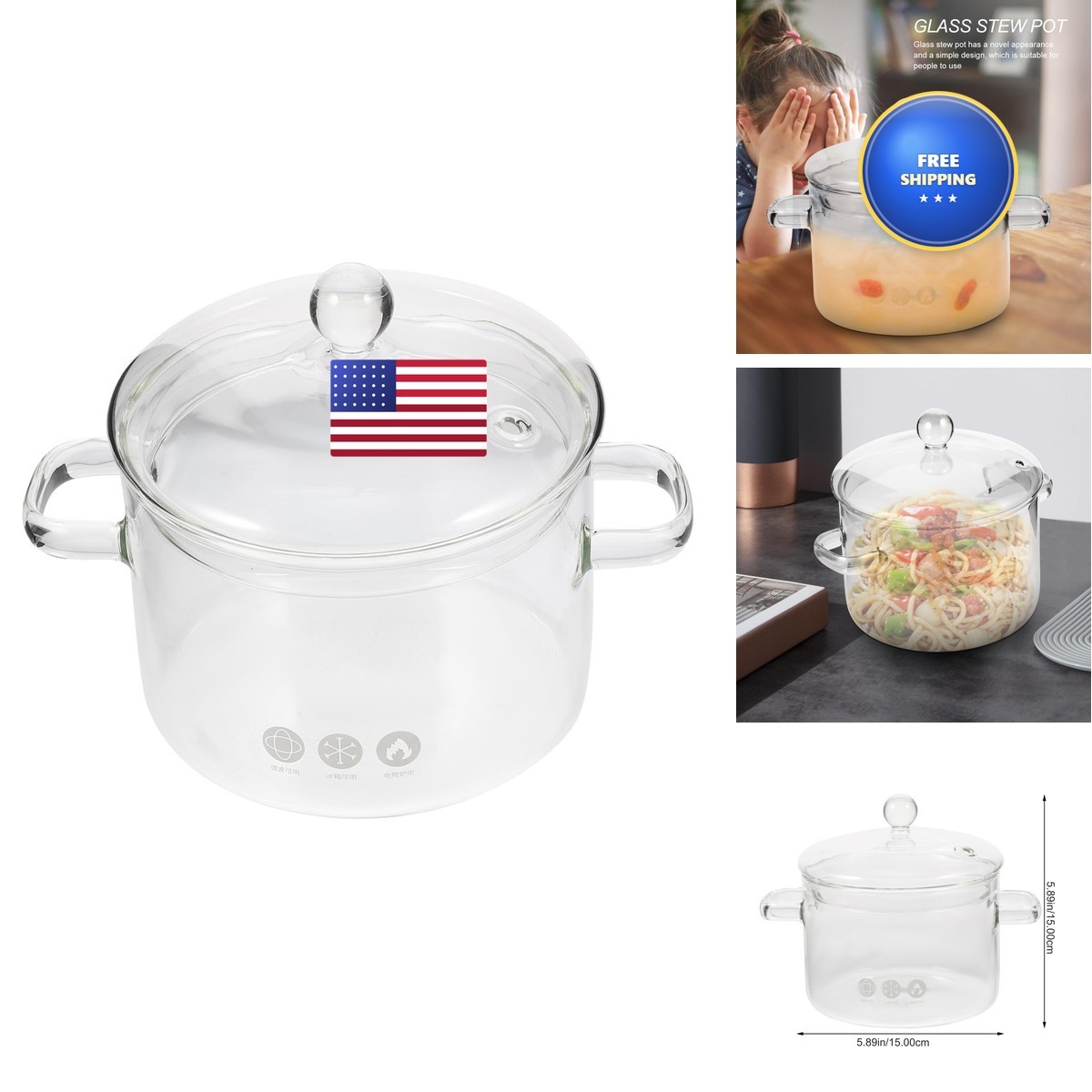Vaguelly Borosilicate Glass Soup Pot Lid 1.5L/50Oz Transparent Cooking Pot For