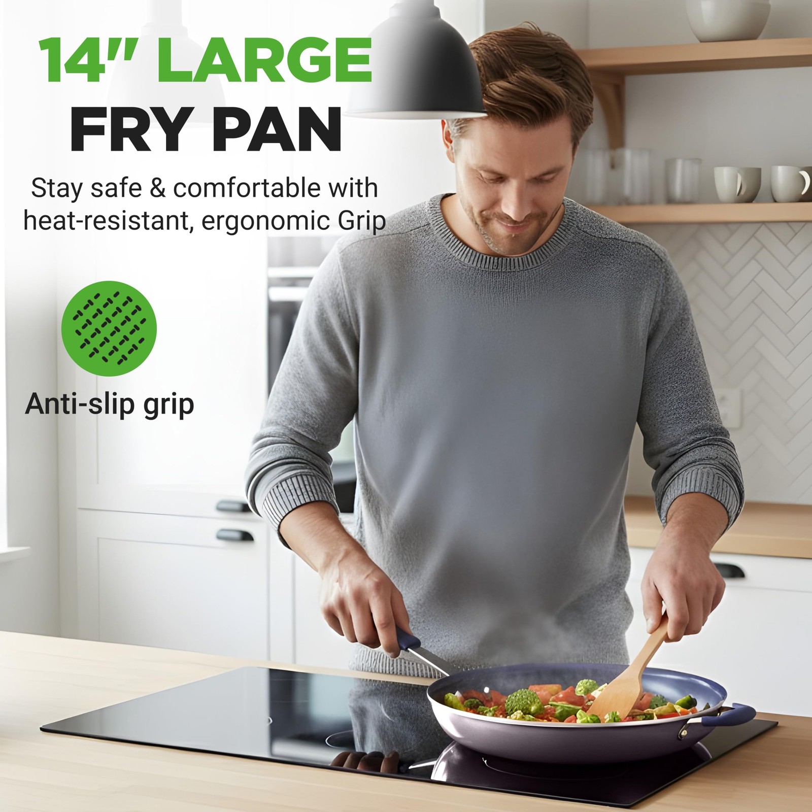 NutriChef 14″ Fry Pan With Lid – Extra 14″, Silver exterior/Blue interior