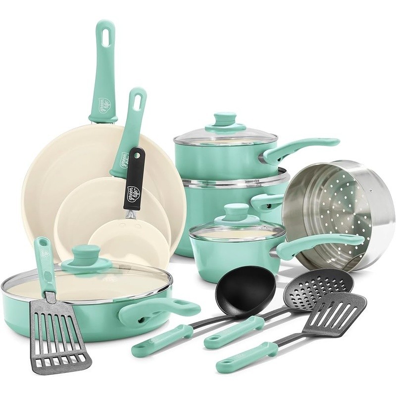 16 Piece Ceramic Nonstick Cookware Set W/ Glass Lids Stay Cool Handles New