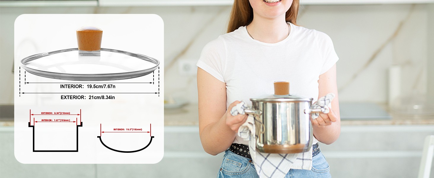 8 Inch Pan Lid with Wooden Handle, Tempered Glass Lid, Cast Iron Skillet, Pot,