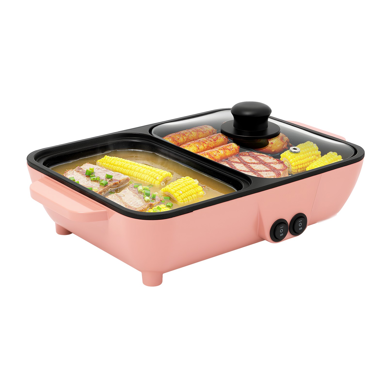110V 2-in-1 Hot Pot with Clear Lid, Electric Non-Stick Pan for Boiling & Frying