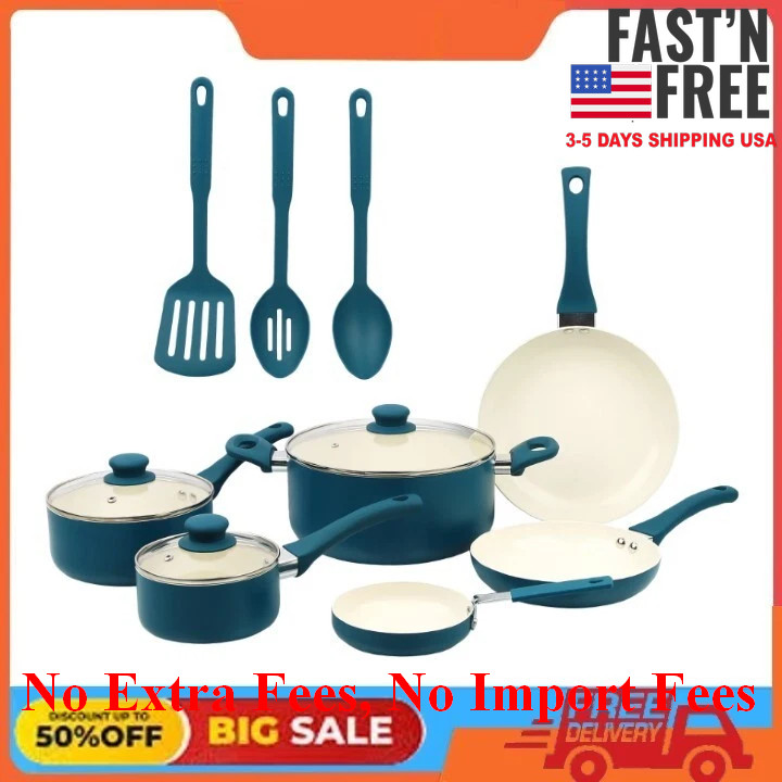 Mainstays Ceramic Aluminum 12 Pieces Cookware Set Corsair Nonstick, NEW USA