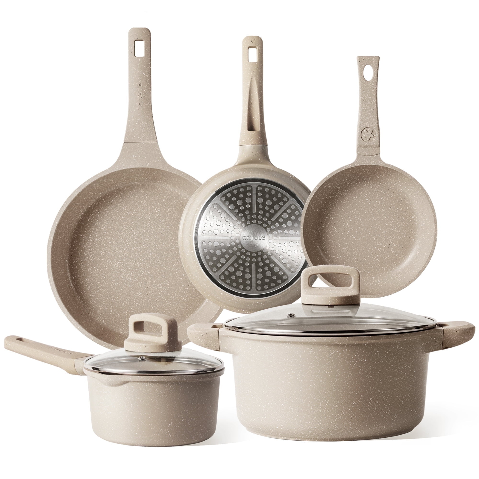 Carote 7-Piece Nonstick Cookware Complete Set, Induction Ready, Taupe Granite