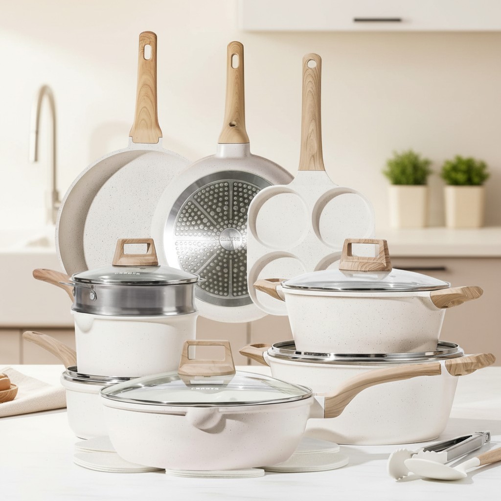 21-Piece Nonstick Pots and Pans Set with White Granite Finish – PFOS/PFOA Free