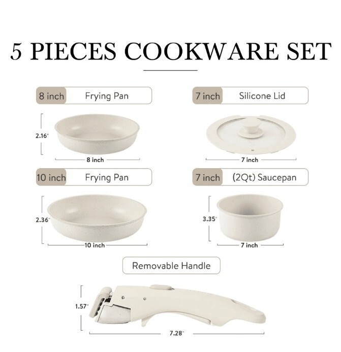 CAROTE 5-Pc. Nonstick Cookware Set ~ Detachable Handle ~ Granite Pot & Pan Set