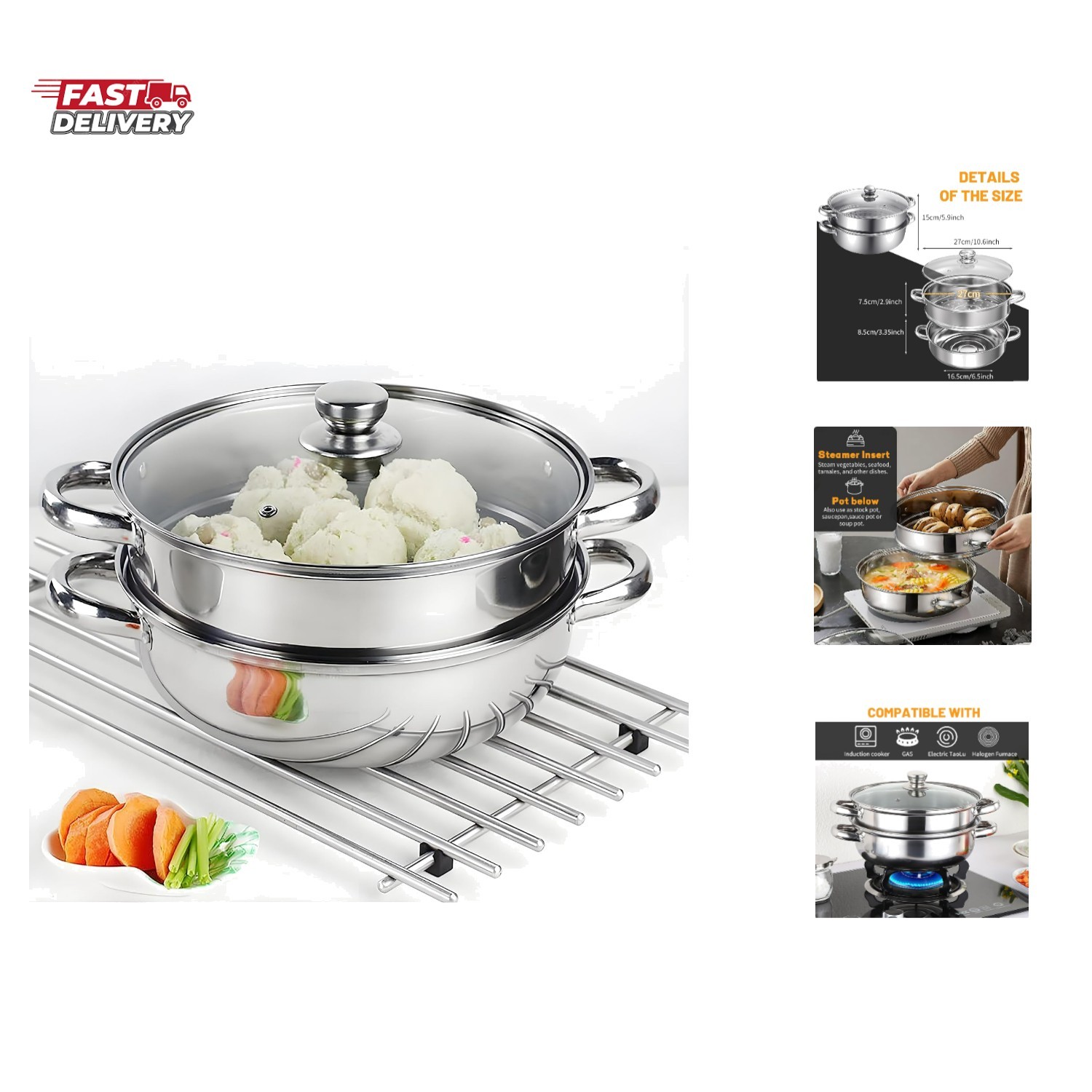 2-Tier 28cm 304 Stainless Steel Steamer Pot with Glass Lid,for Dumplings, Sea…