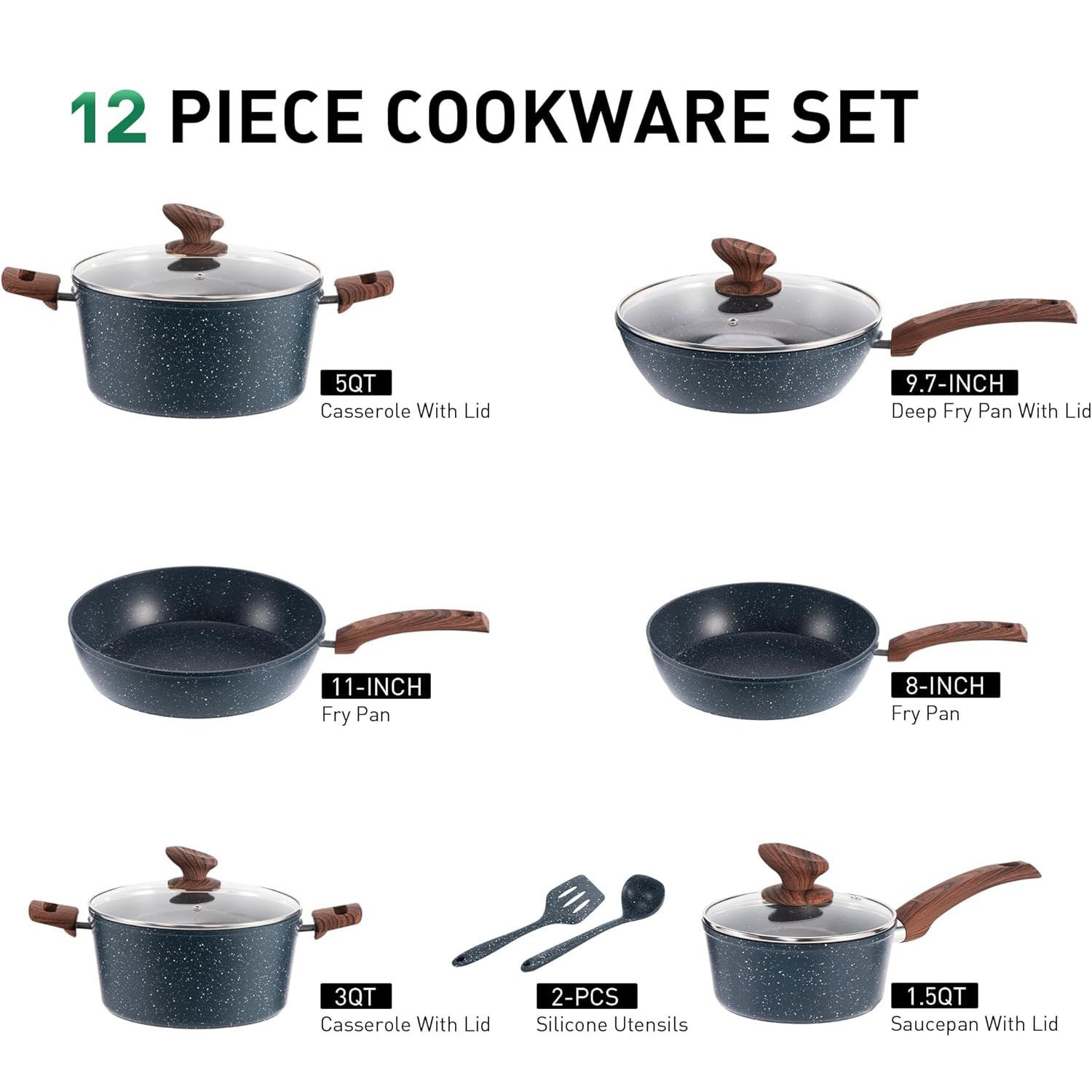 12 Pieces Kitchen Pots & Pans Set Nonstick Cookware Set Granite Coated w/ Lid