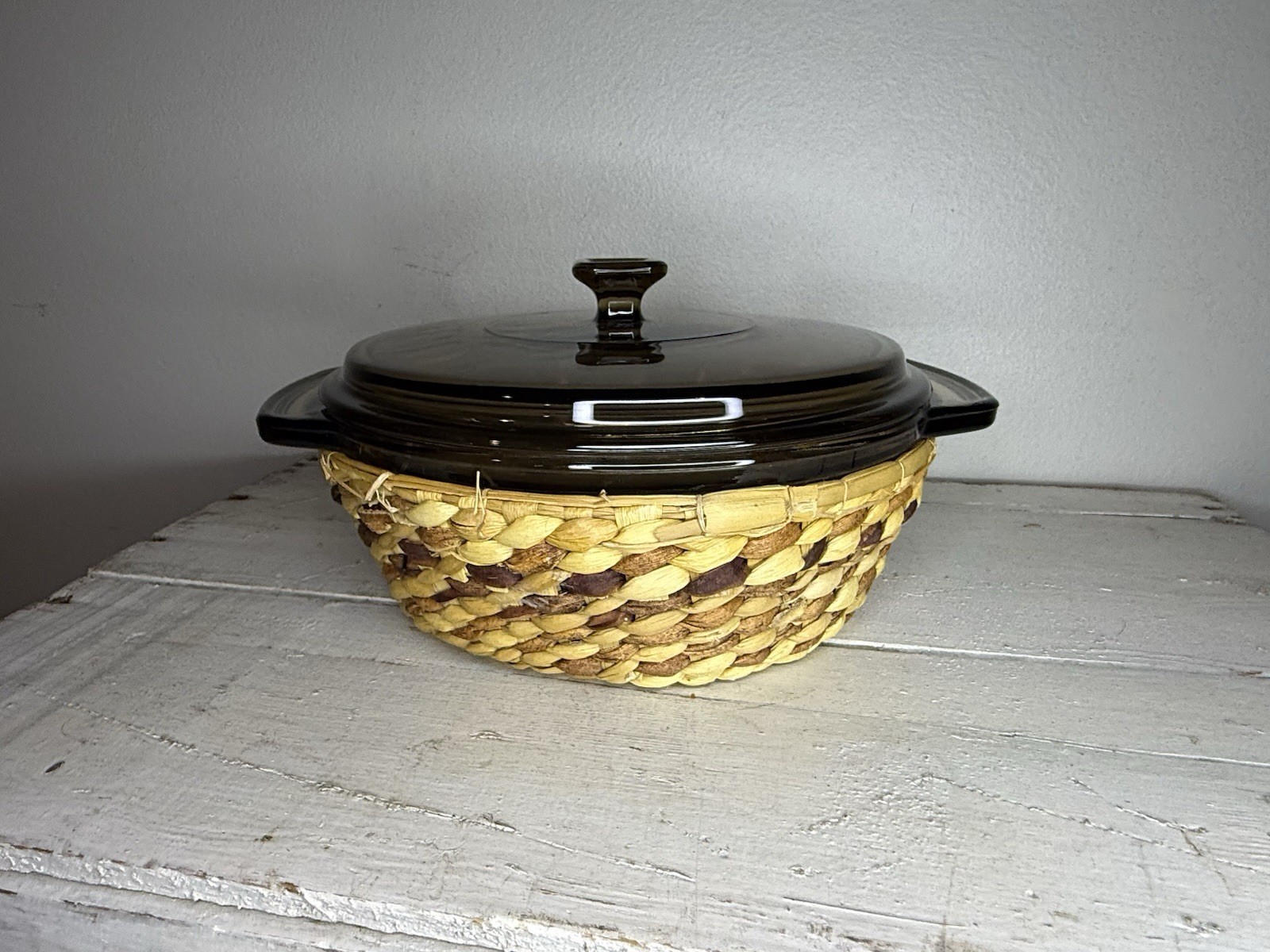 Vtg Anchor Hocking Basket Buffet Harvest Amber 1.5qt Casserole New in Box M400