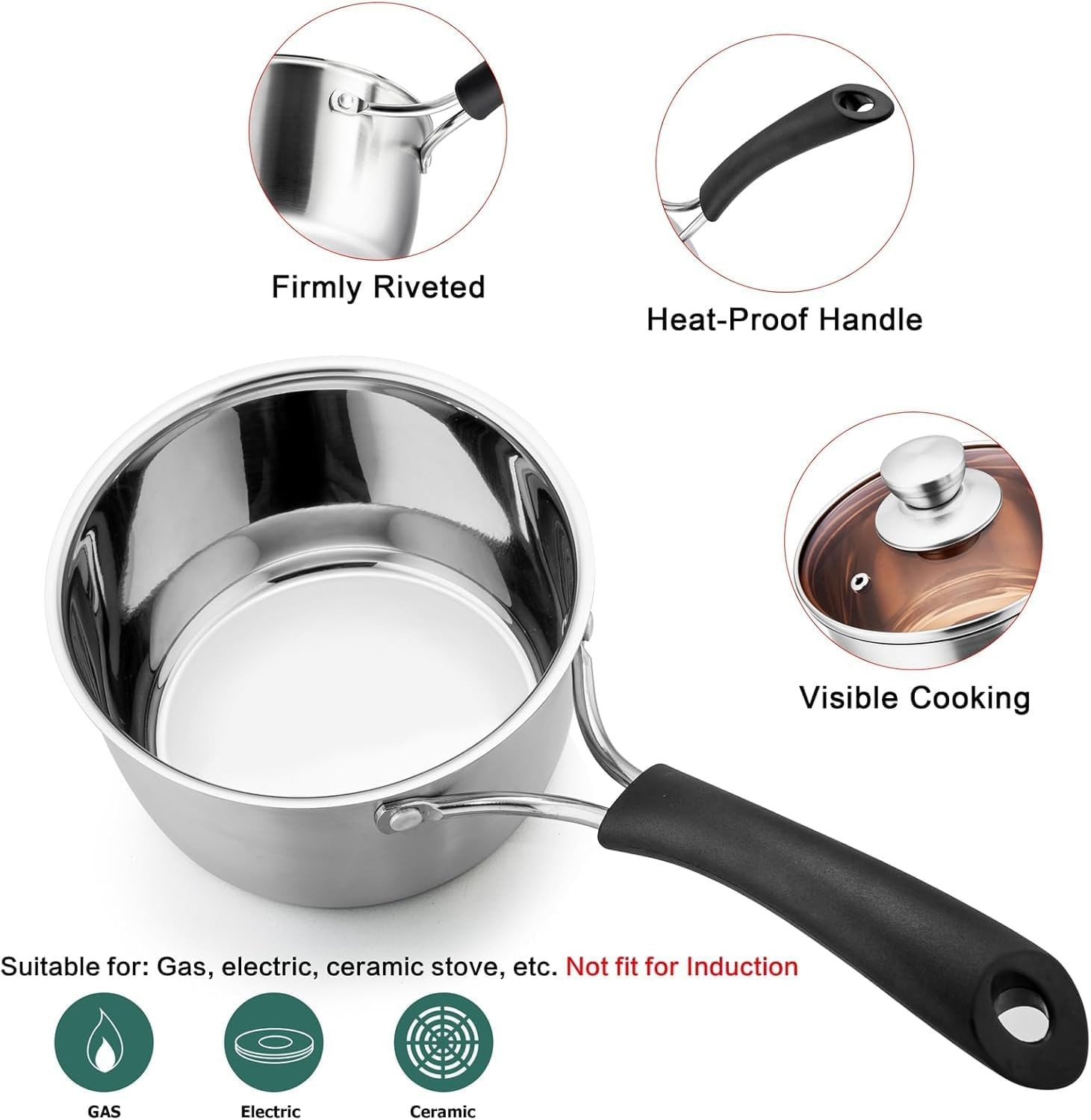 Teamfar Saucepan with Lid, 2 Qt Sauce Cooking Pot Milk Pan Stainless Steel, Prof