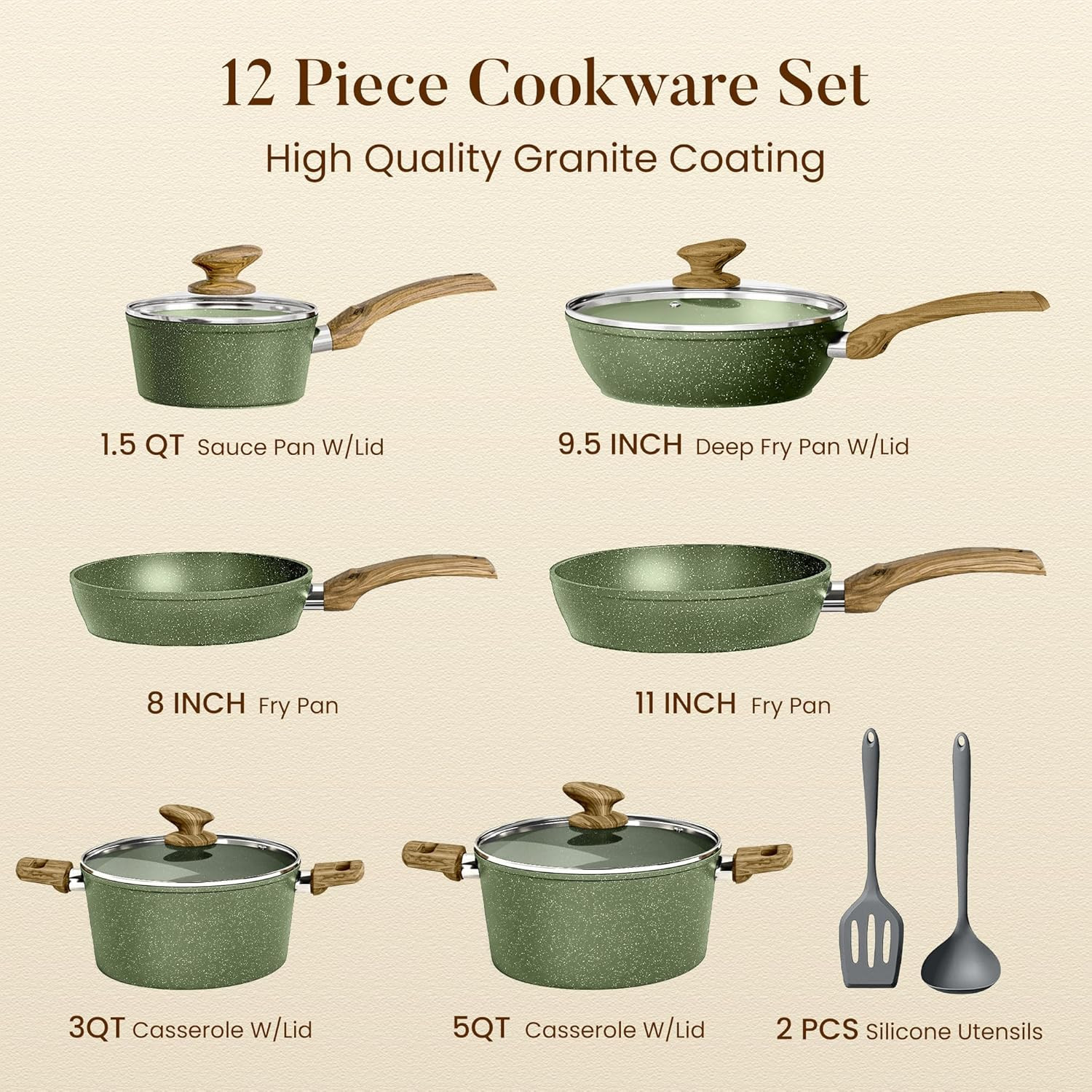Non Toxic Pots and Pans Set Non Stick – 12 Piece Induction Cookware Sets, Green