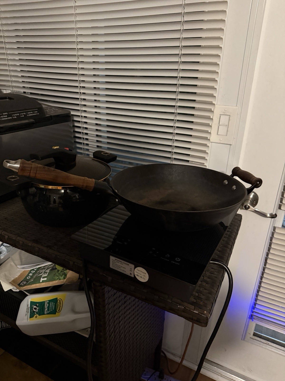 Black Non-Stick Induction Compatible Wok Pan, Metal with Long Wooden Handle