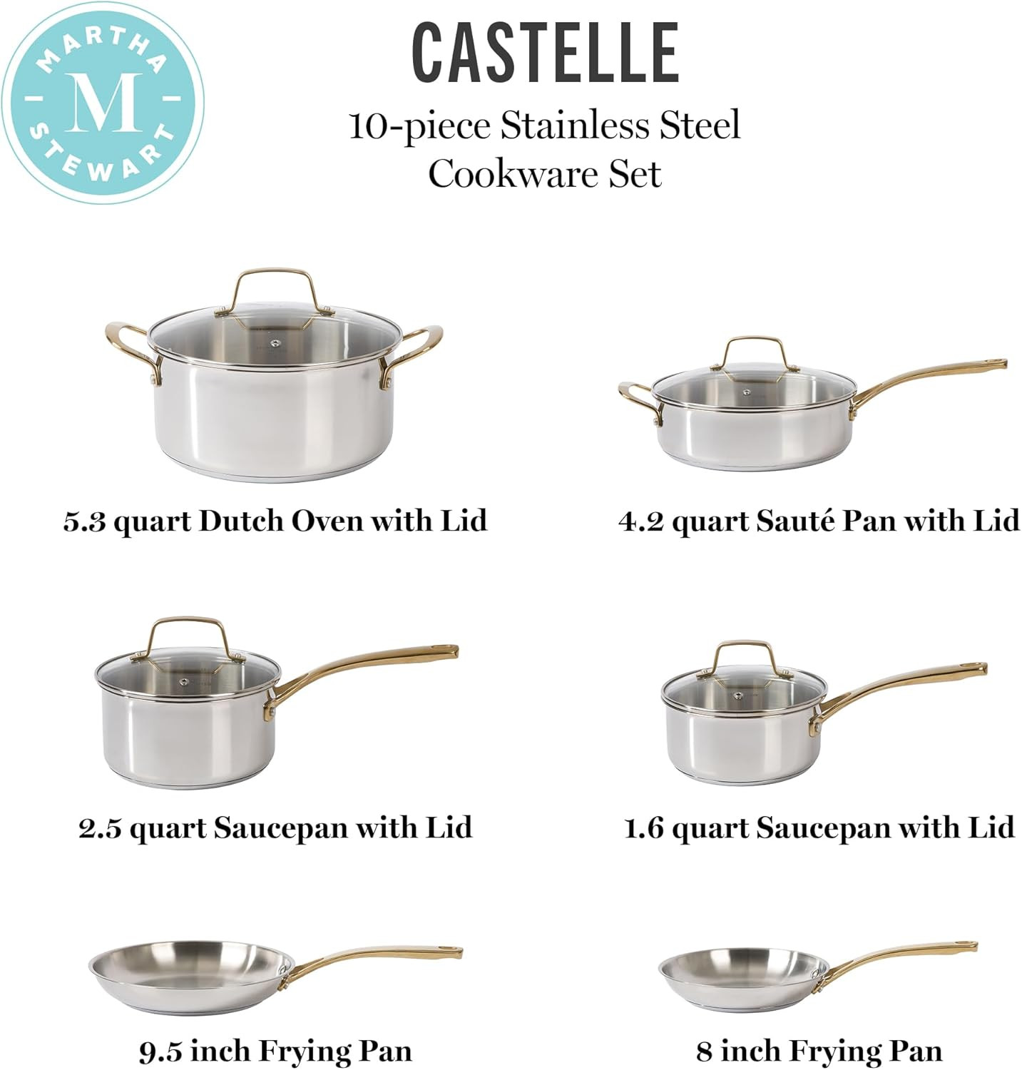 Castelle 10 Piece 18/8 Durable Stainless Steel Induction Safe Pots and Pans Non-