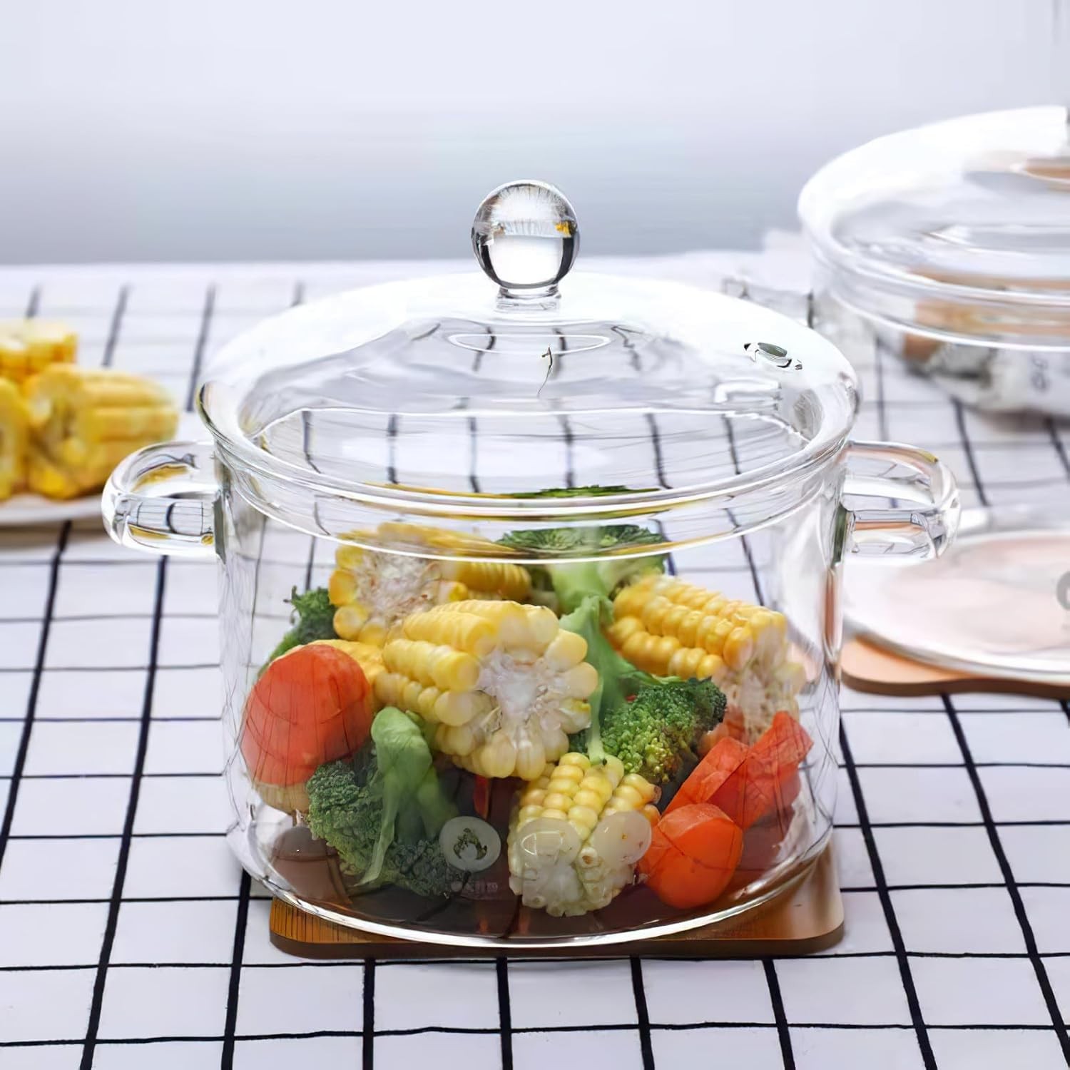 High Borosilicate Glass Soup Pot W/ Lid & Double Handles Transparent Cooking Pot