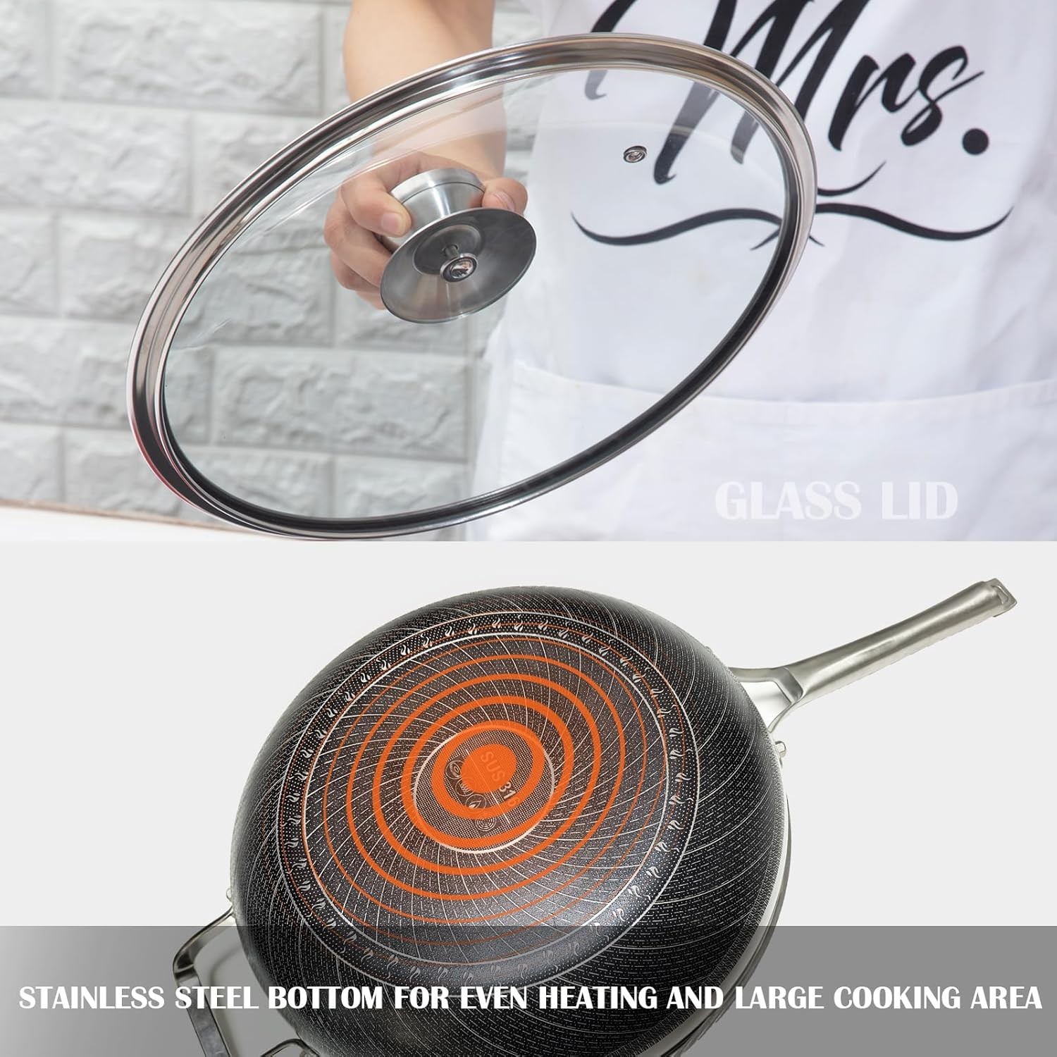 14-INCH WOK PAN HYBRID NON-STICK Stainless Steel Large Deep Woks Stir-Fry Pans