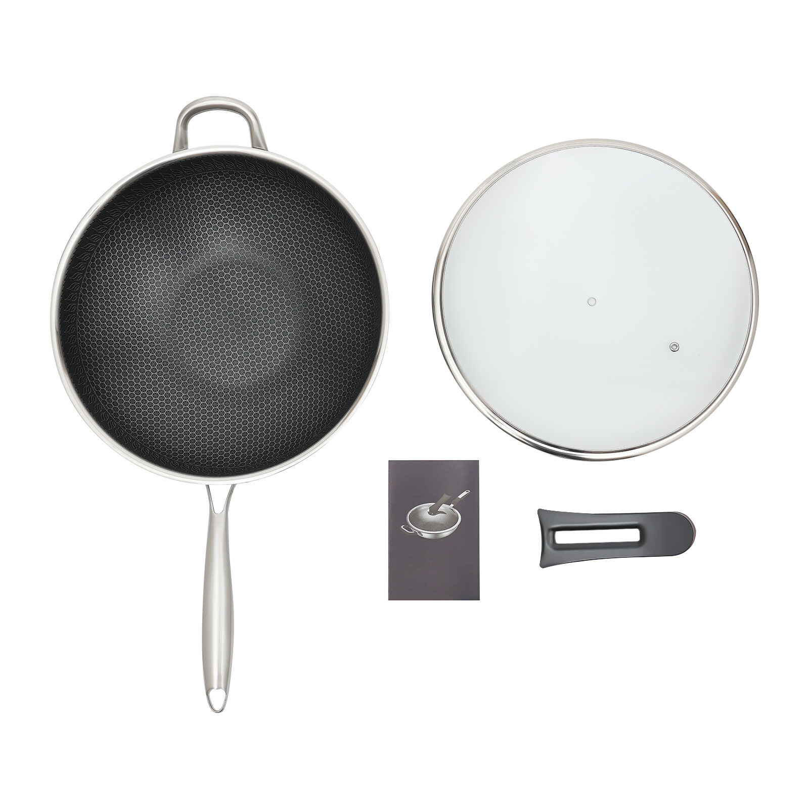 Non Stick Double Sided Honeycomb Cooking Frying Pan Wok Stainless Steel w/ Lid