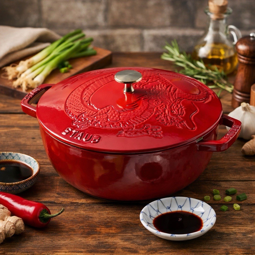 Staub 3.75 Qt Cast Iron Essential French Oven 24 Dragon Lid Red NEW LIMITED Rare