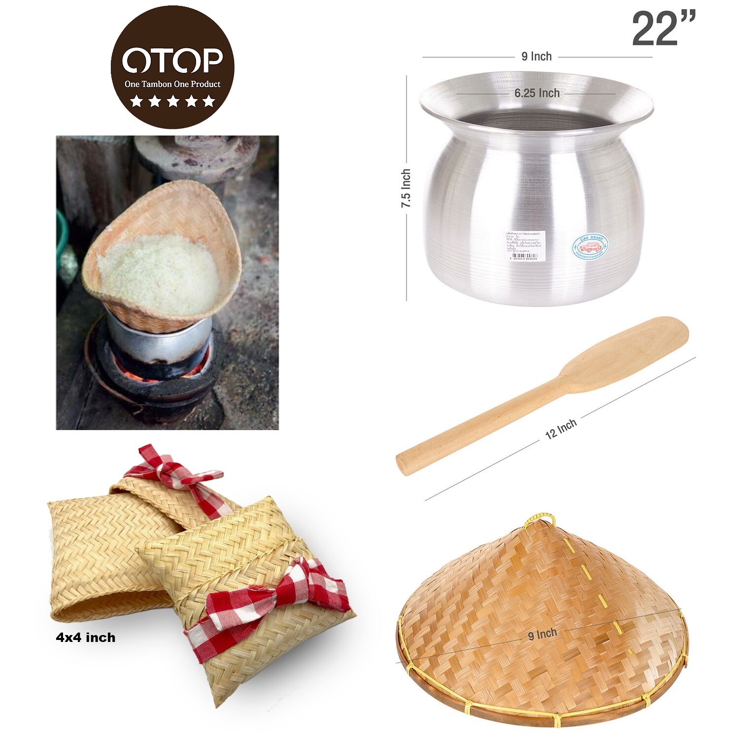 Value M Set Jasmin Lao Sticky Rice Cooker Steamer Bamboo Square Basket Spatula